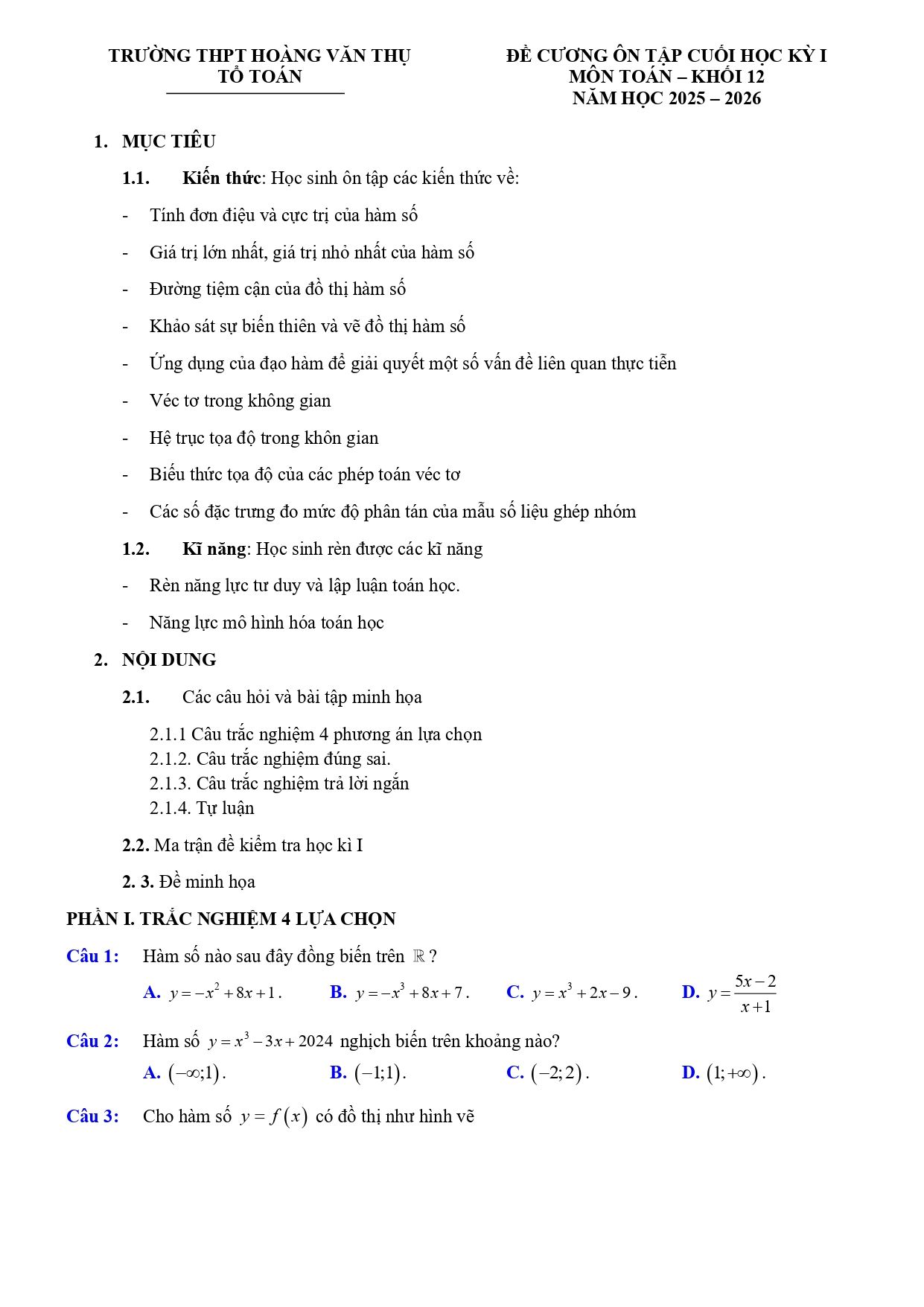 Đề cương ôn tập Học kì 1 Toán 12 trường THPT Hoàng Văn Thụ (Hà Nội) năm 2025–2026