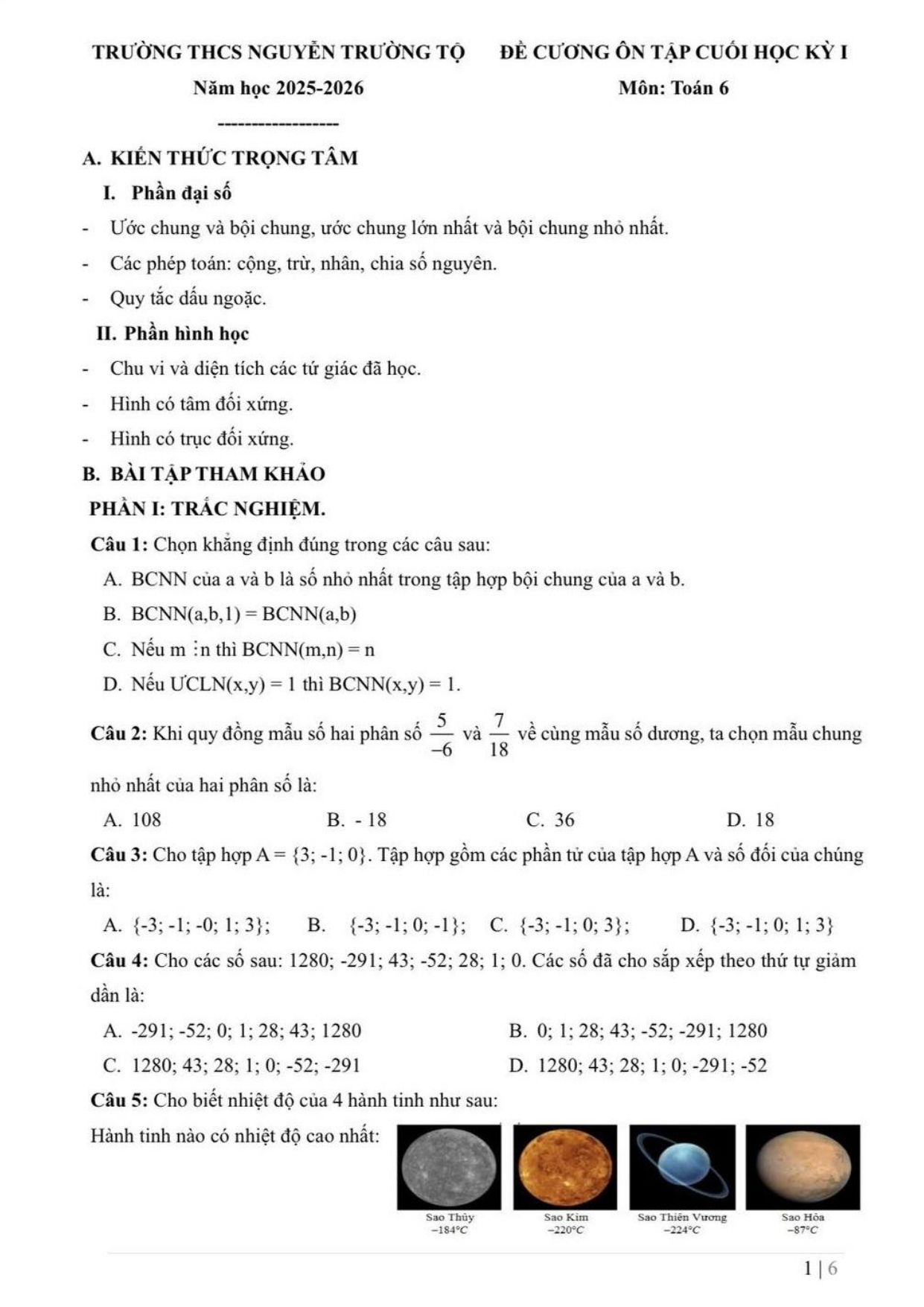 Đề cương ôn tập Học kì 1 Toán 6 trường THCS Nguyễn Trường Tộ (Hà Nội) năm 2025–2026