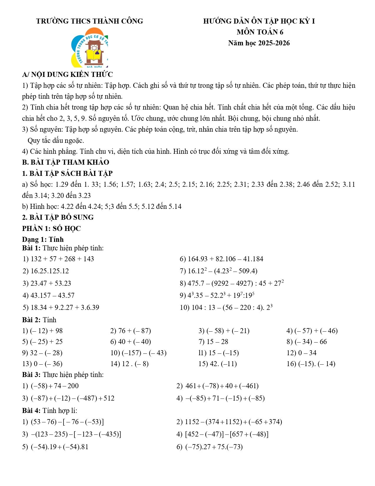 Đề cương ôn tập Học kì 1 Toán 6 trường THCS Thành Công (Hà Nội) năm 2025–2026