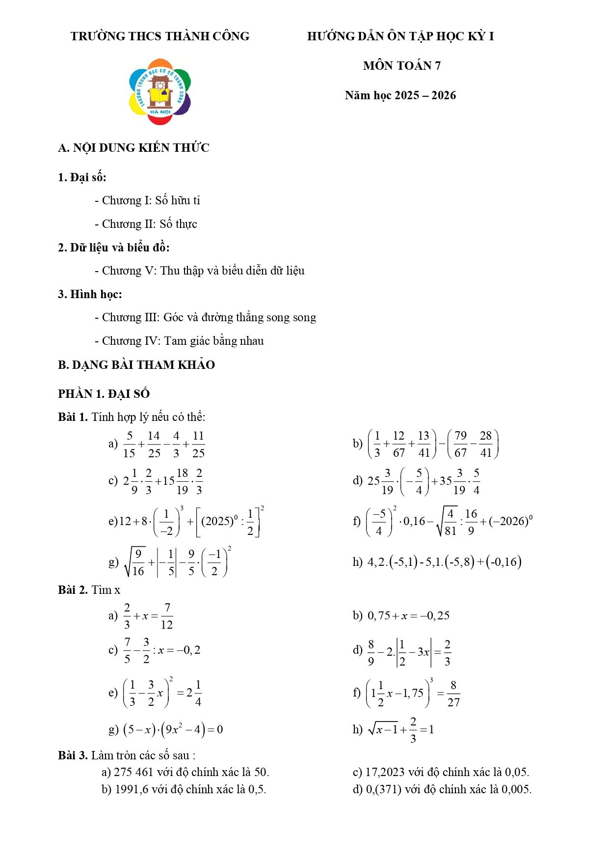 Đề cương ôn tập Học kì 1 Toán 7 trường THCS Thành Công (Hà Nội) năm 2025–2026