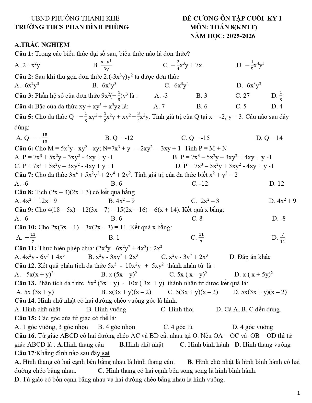 Đề cương ôn tập Học kì 1 Toán 8 trường THCS Phan Đình Phùng (Đà Nẵng) năm 2025–2026