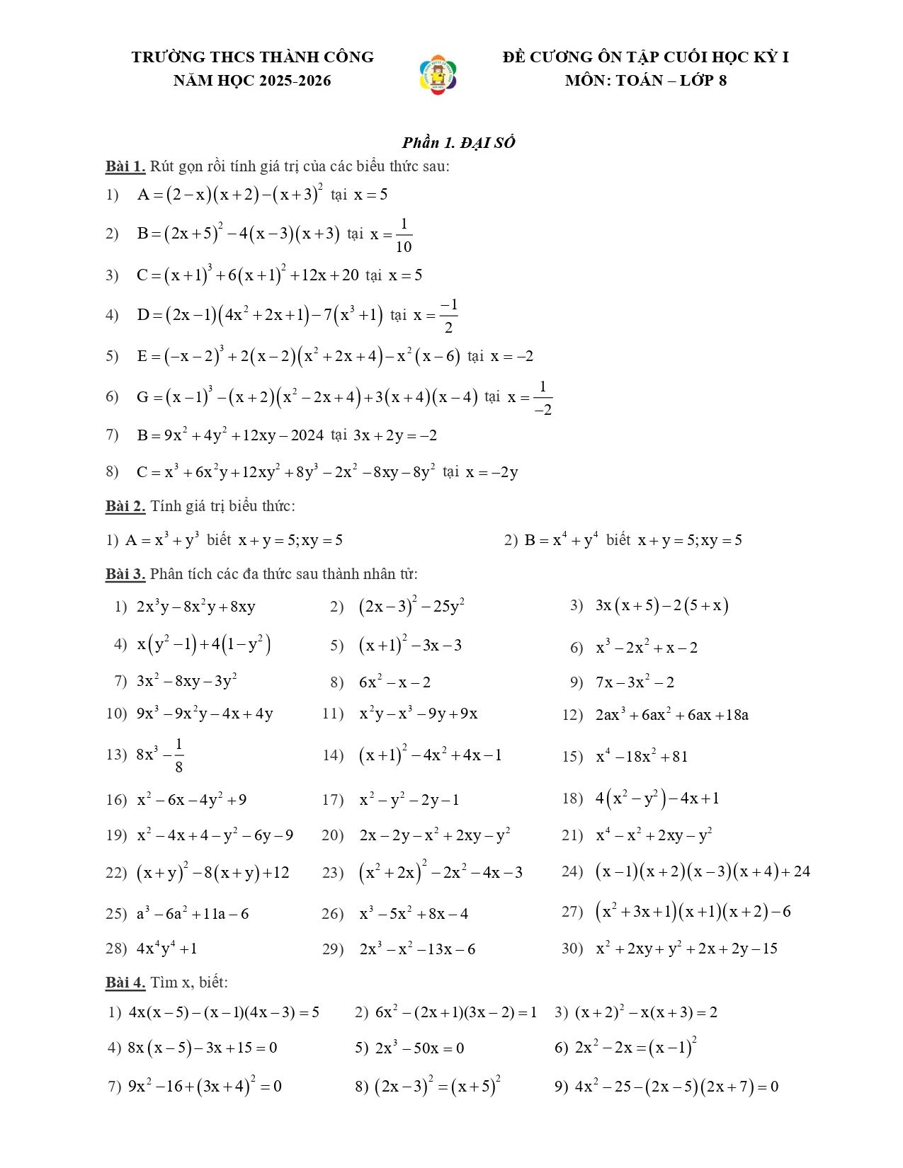 Đề cương ôn tập Học kì 1 Toán 8 rường THCS Thành Công (Hà Nội) năm 2025–2026