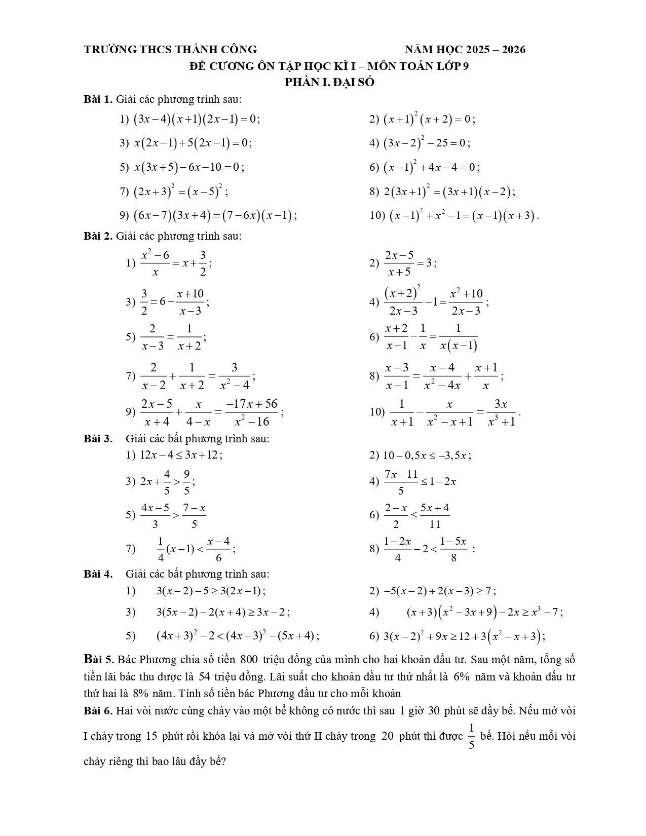 Đề cương ôn tập Học kì 1 Toán 9 trường THCS Thành Công (Hà Nội) năm 2025–2026