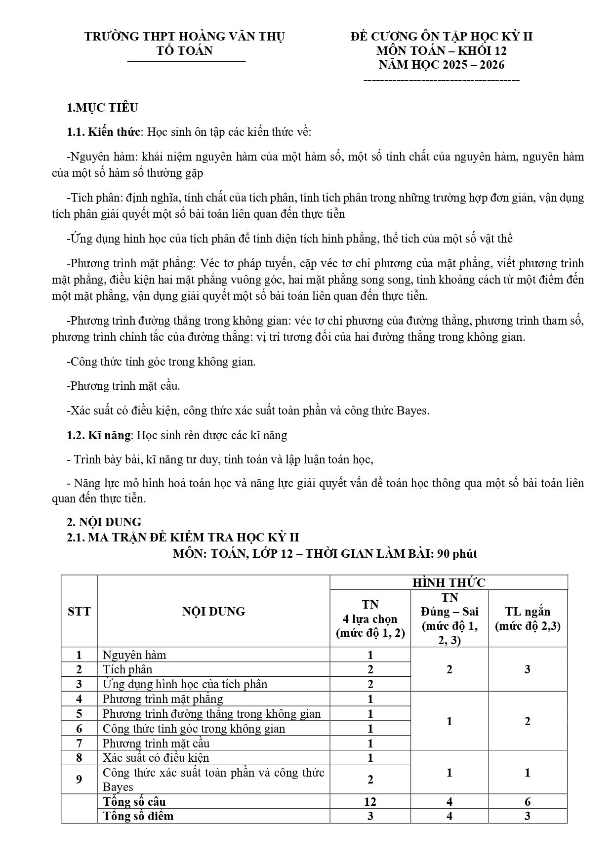 Đề cương ôn tập Học kì 2 Toán 12 trường THPT Hoàng Văn Thụ (Hà Nội) năm 2025–2026