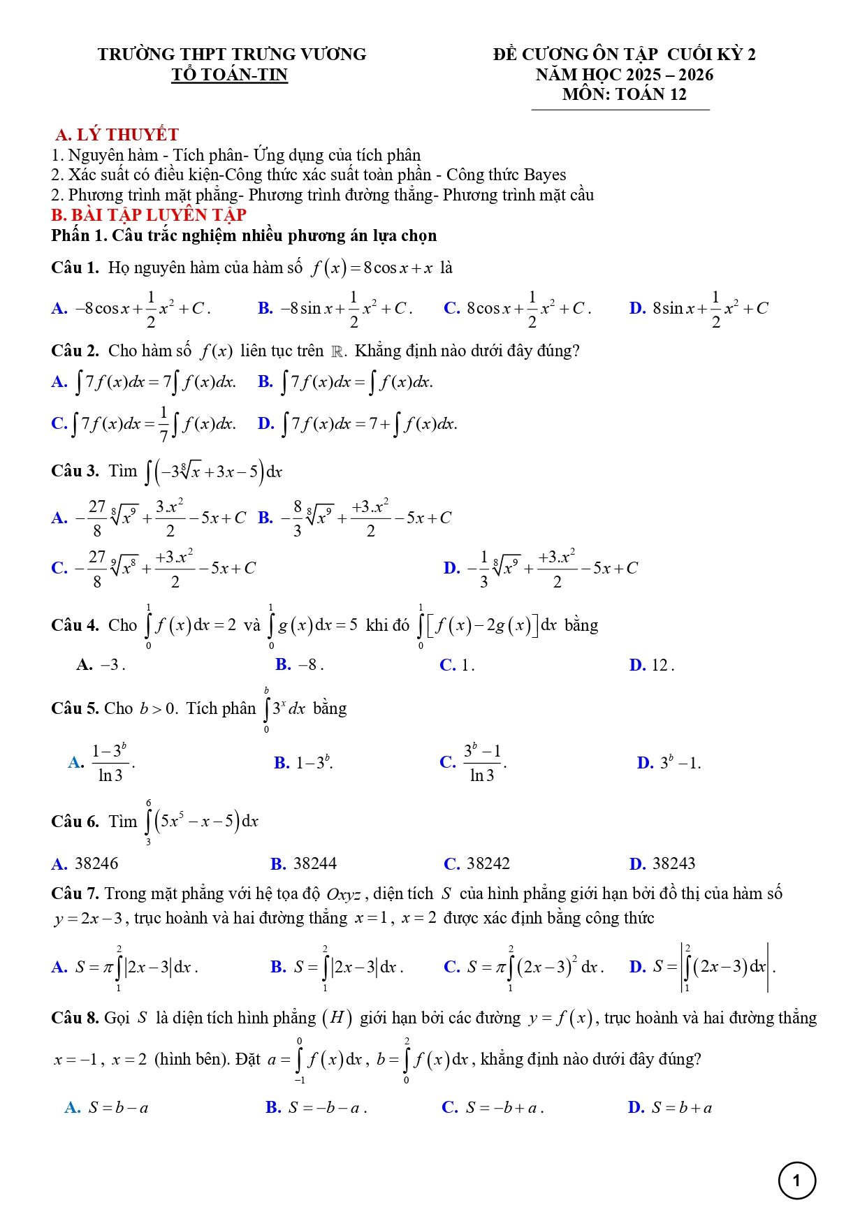 Đề cương ôn tập Học kì 2 Toán 12 trường THPT Trưng Vương (Gia Lai) năm 2025–2026