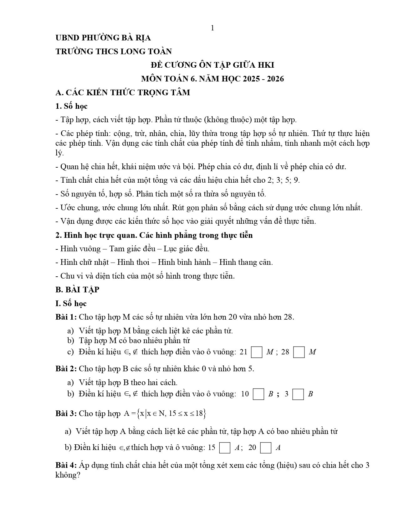 Đề cương ôn tập Giữa kì 1 Toán 6 trường THCS Long Toàn (TP Hồ Chí Minh) năm 2025–2026
