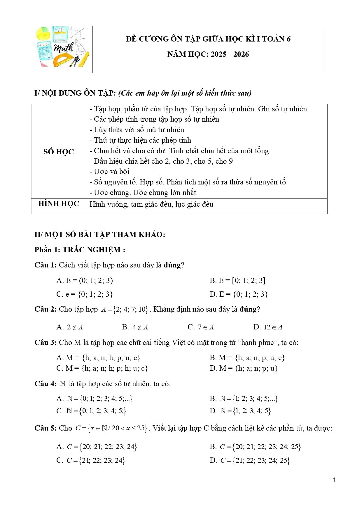 Đề cương ôn tập Giữa kì 1 Toán 6 trường THCS Phước Nguyên (TP Hồ Chí Minh) năm 2025–2026