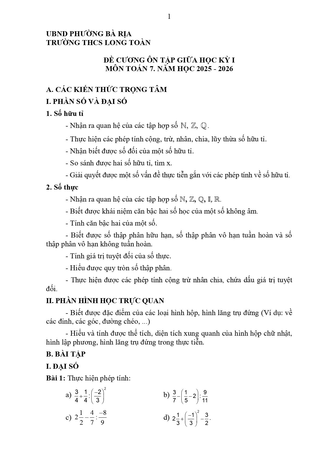 Đề cương ôn tập Giữa kì 1 Toán 7 trường THCS Long Toàn (TP Hồ Chí Minh) năm 2025–2026