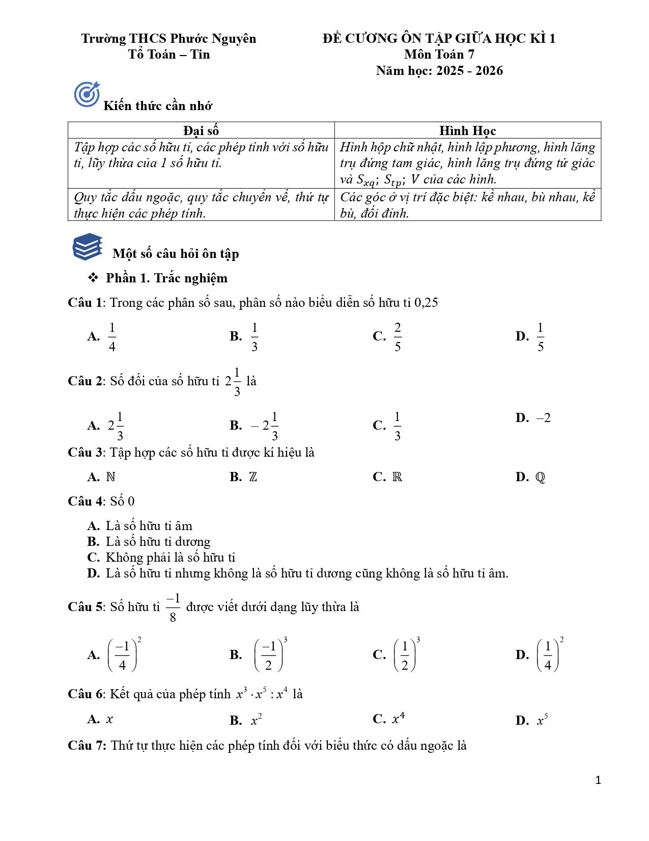 Đề cương ôn tập Giữa kì 1 Toán 7 trường THCS Phước Nguyên (TP Hồ Chí Minh) năm 2025–2026
