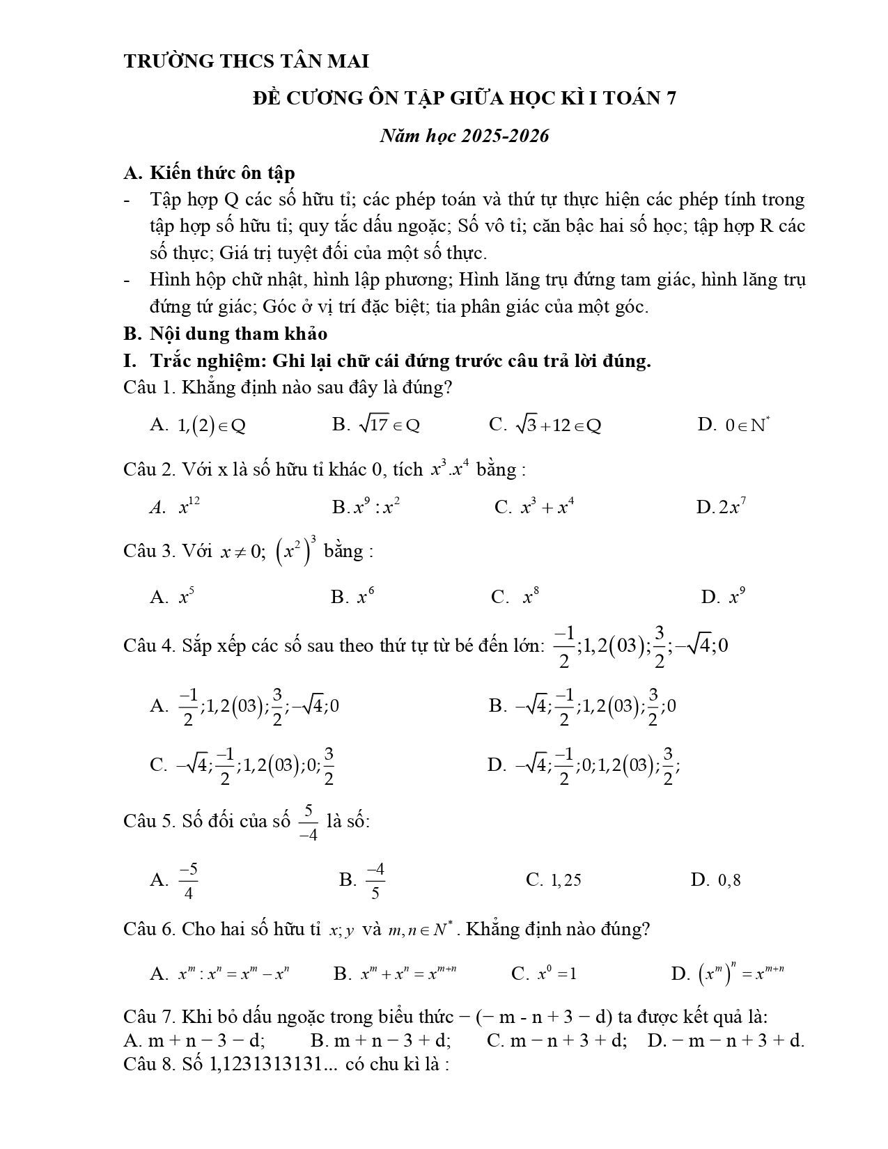 Đề cương ôn tập Giữa kì 1 Toán 7 trường THCS Tân Mai (Hà Nội) năm 2025–2026