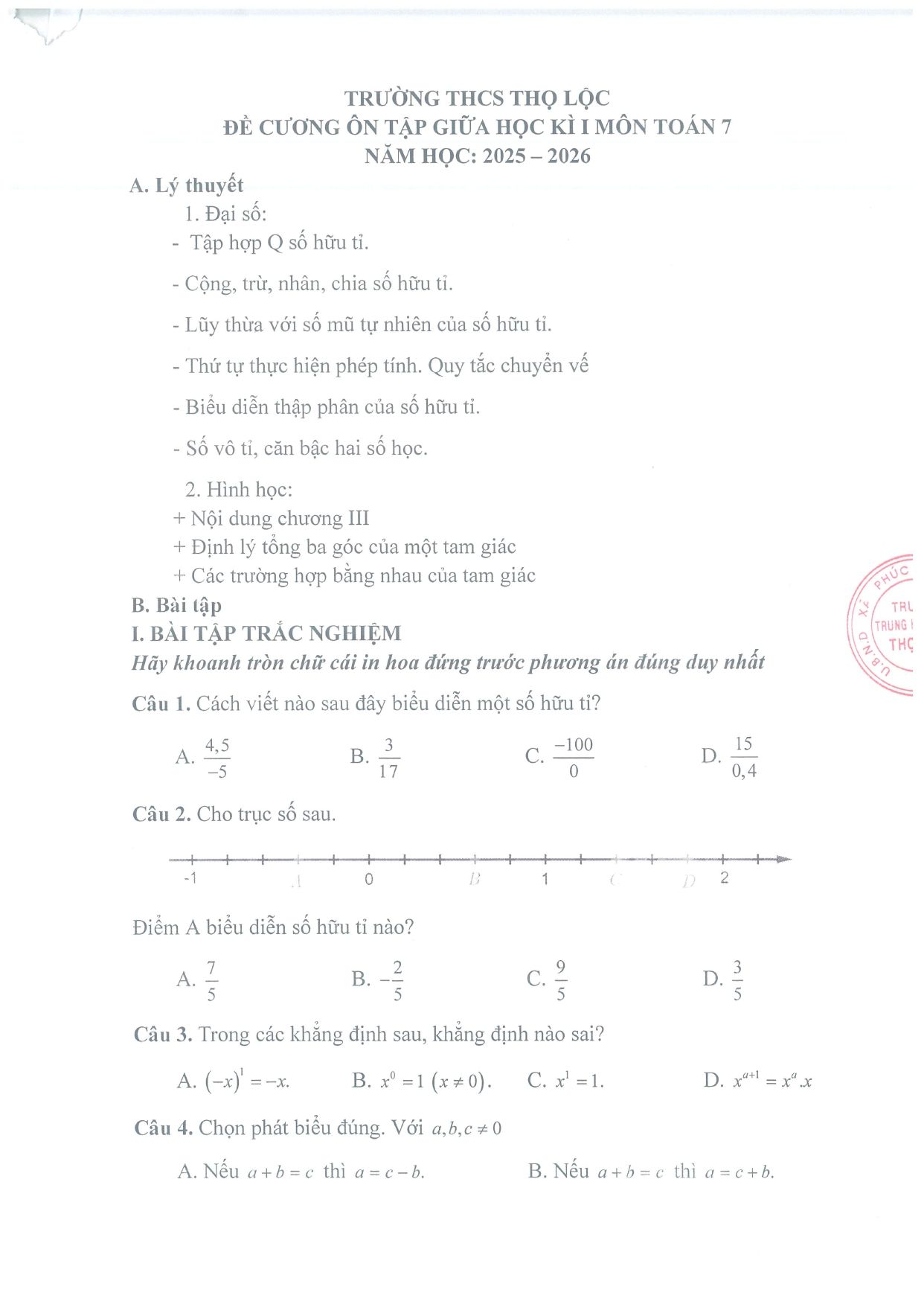 Đề cương ôn tập Giữa kì 1 Toán 7 trường THCS Thọ Lộc (Hà Nội) năm 2025–2026