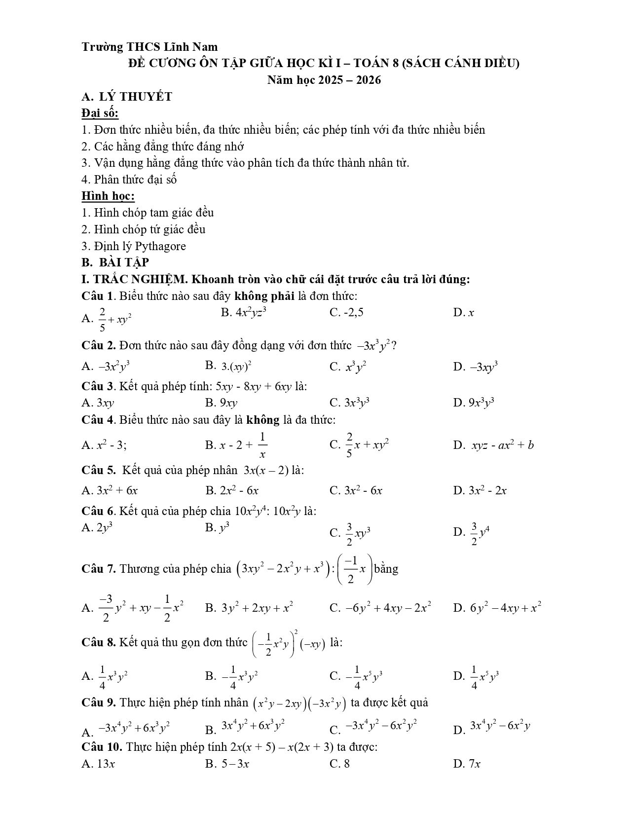 Đề cương ôn tập Giữa kì 1 Toán 8 trường THCS Lĩnh Nam (Hà Nội) năm 2025–2026