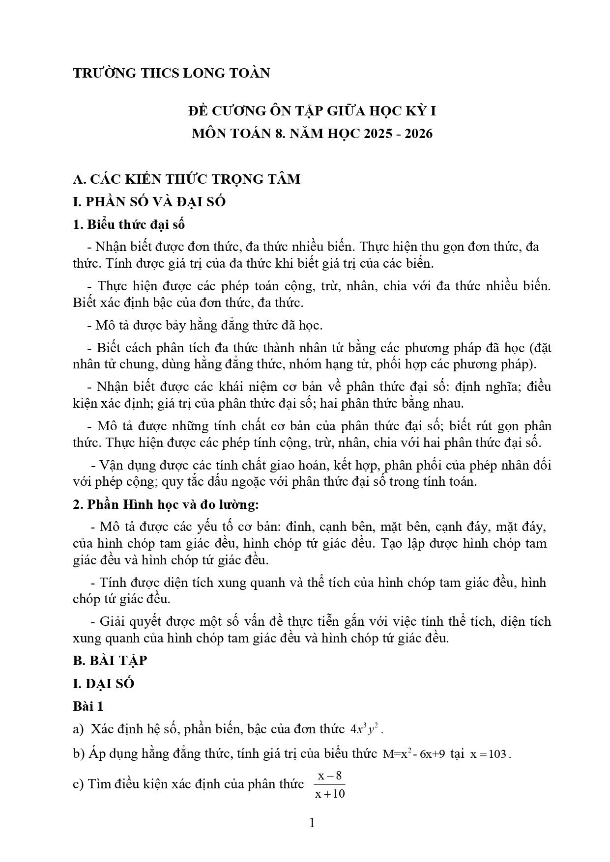 Đề cương ôn tập Giữa kì 1 Toán 8 trường THCS Long Toàn (TP Hồ Chí Minh) năm 2025–2026