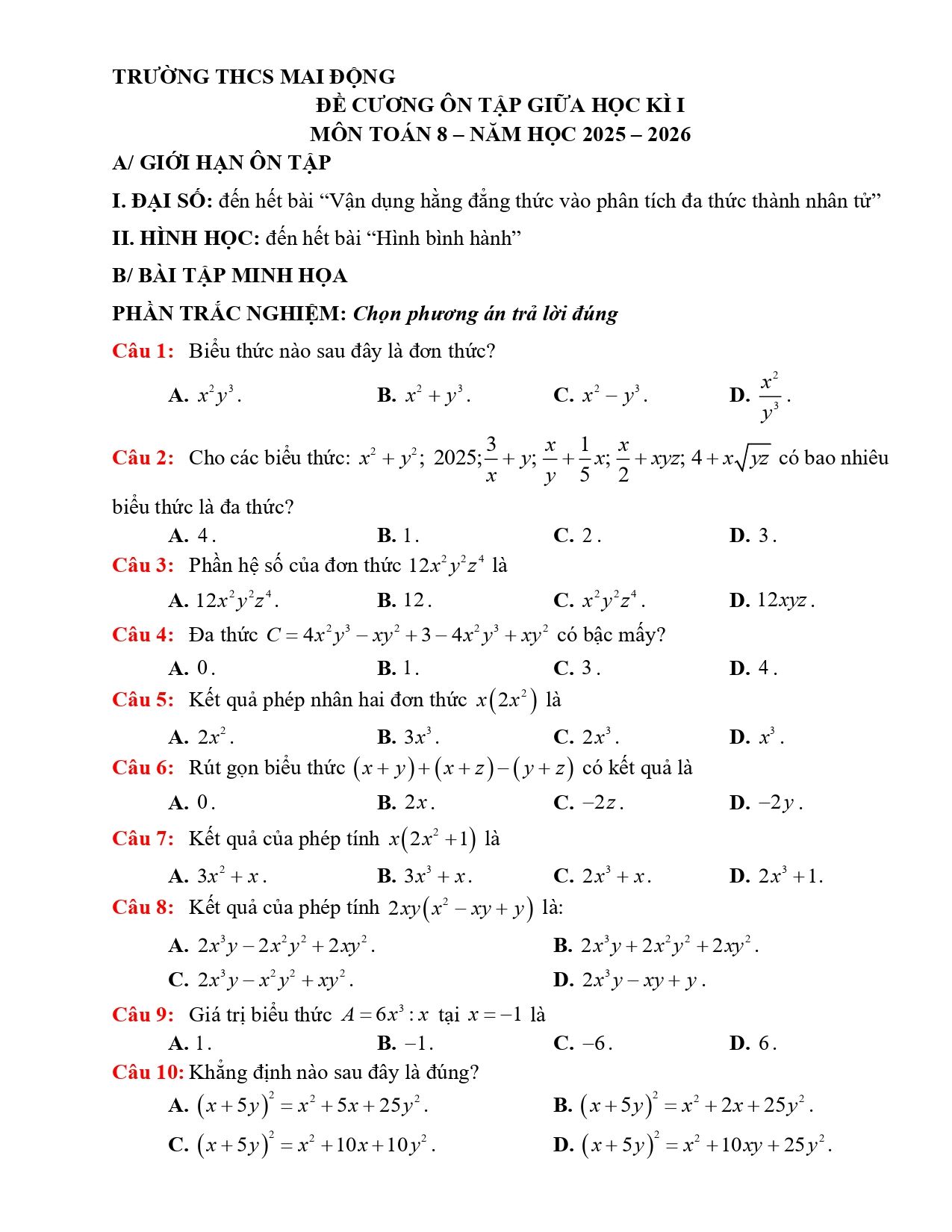 Đề cương ôn tập Giữa kì 1 Toán 8 trường THCS Mai Động (Hà Nội) năm 2025–2026