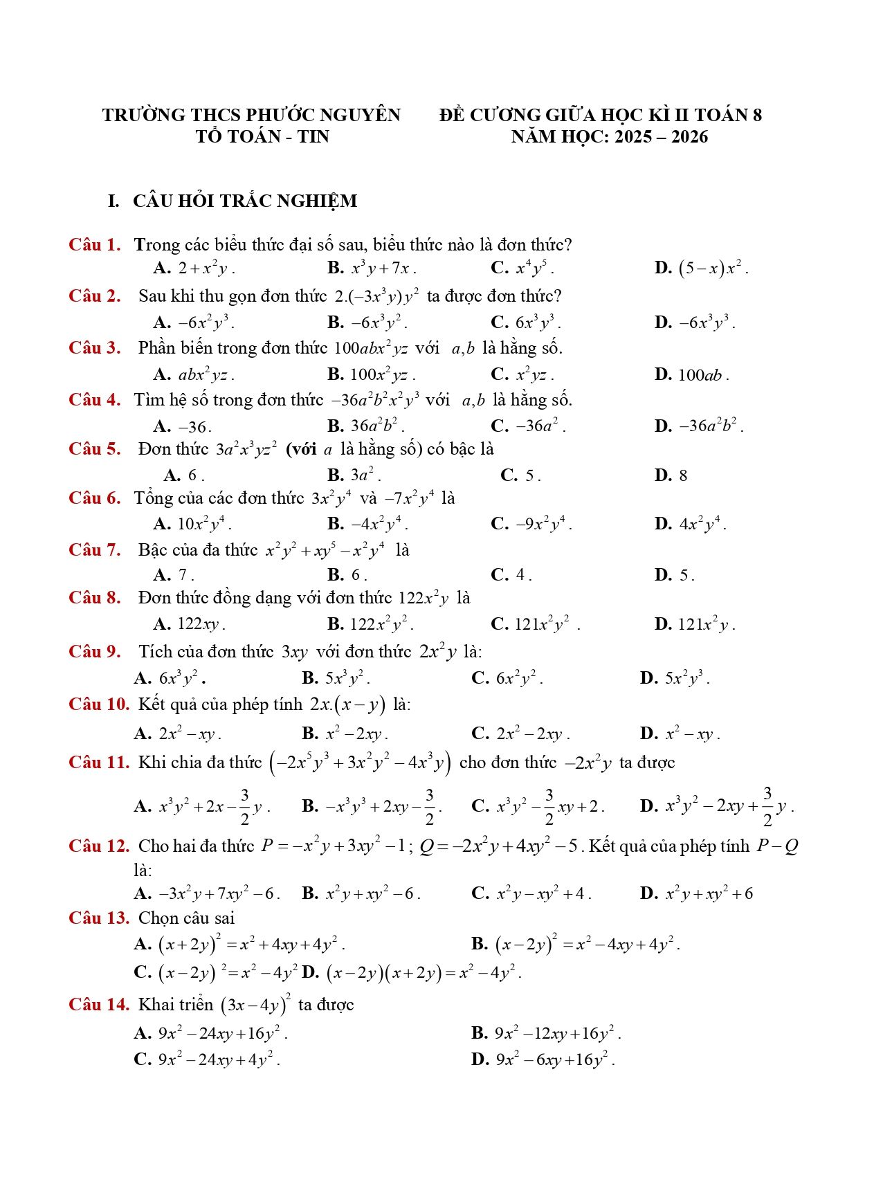 Đề cương ôn tập Giữa kì 1 Toán 8 trường THCS Phước Nguyên (TP Hồ Chí Minh) năm 2025–2026