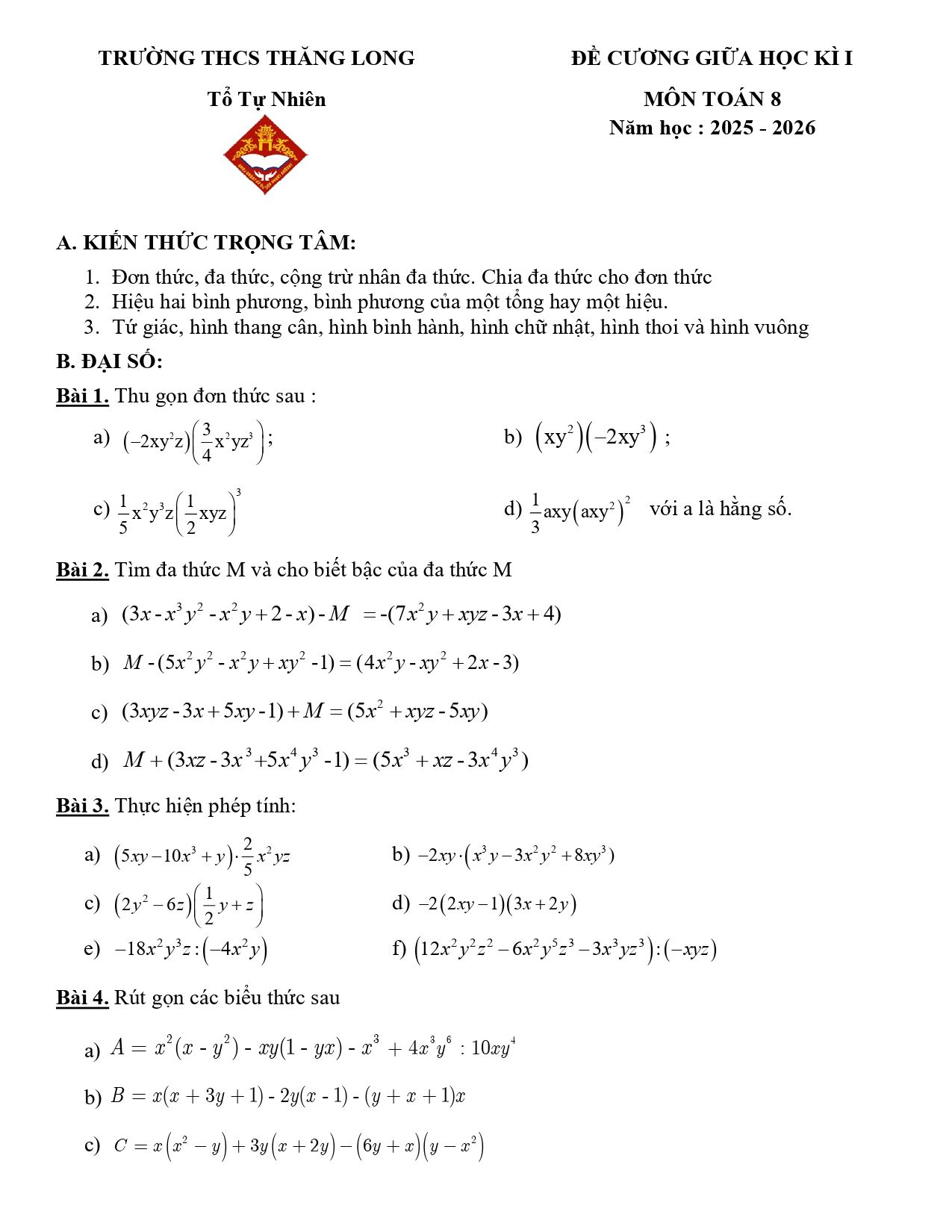 Đề cương ôn tập Giữa kì 1 Toán 8 trường THCS Thăng Long (Hà Nội) năm 2025–2026