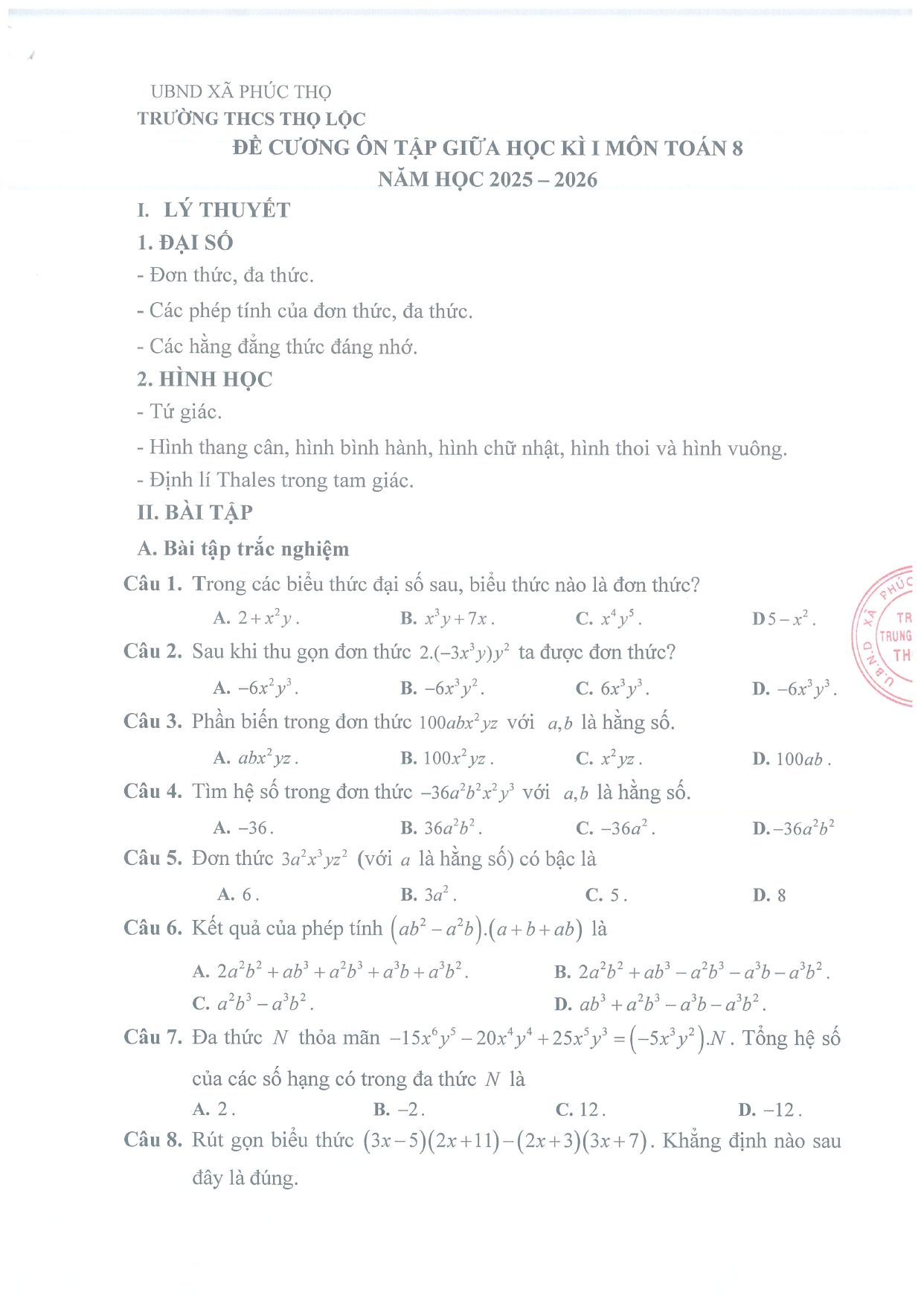 Đề cương ôn tập Giữa kì 1 Toán 8 trường THCS Thọ Lộc (Hà Nội) năm 2025–2026