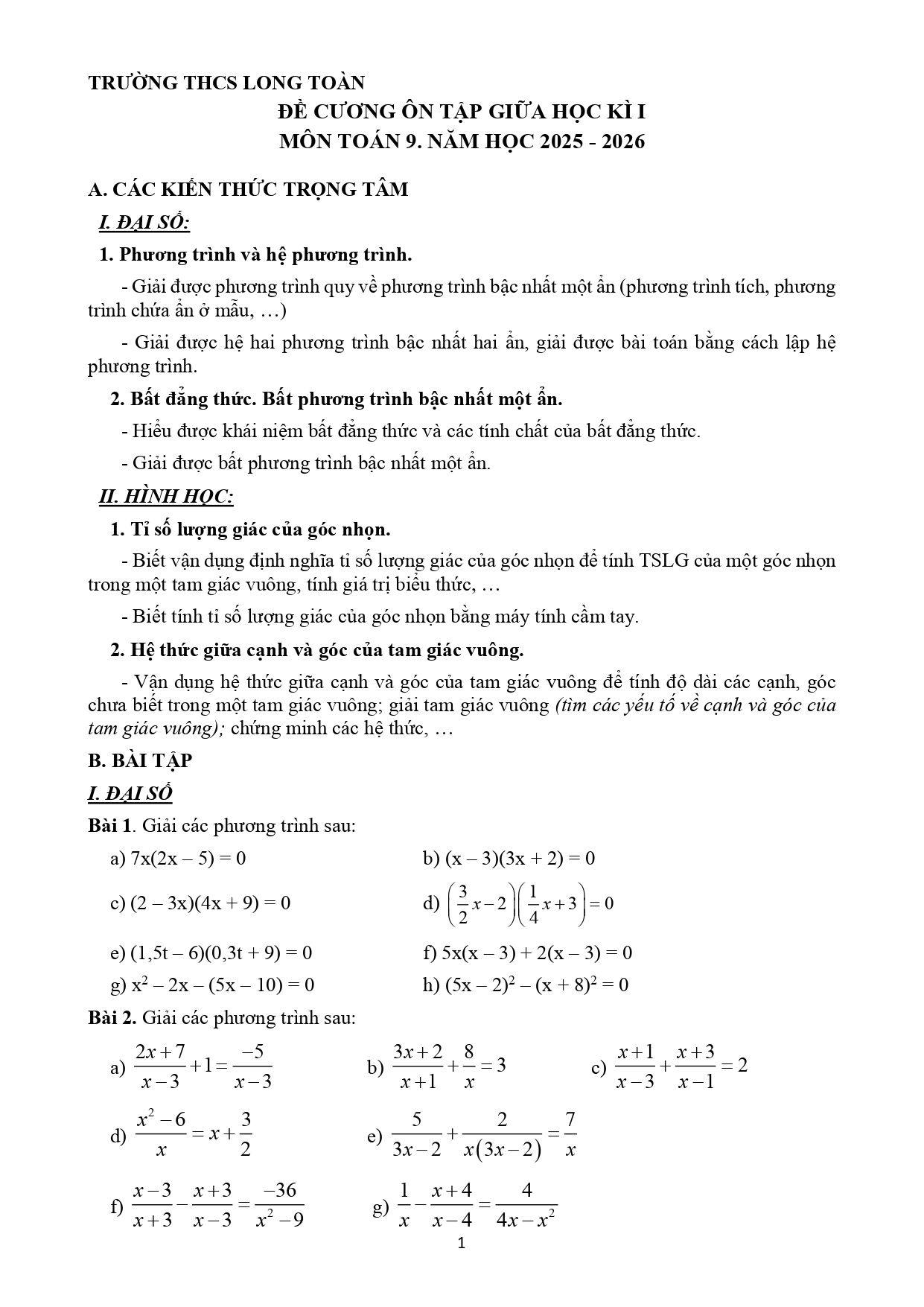 Đề cương ôn tập Giữa kì 1 Toán 9 trường THCS Long Toàn (TP Hồ Chí Minh) năm 2025–2026