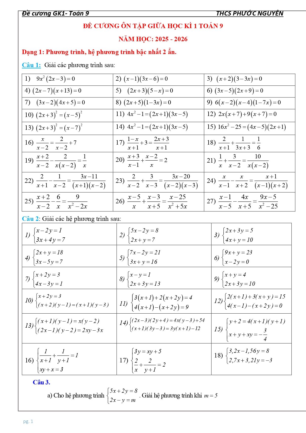 Đề cương ôn tập Giữa kì 1 Toán 9 trường THCS Phước Nguyên (TP Hồ Chí Minh) năm 2025–2026