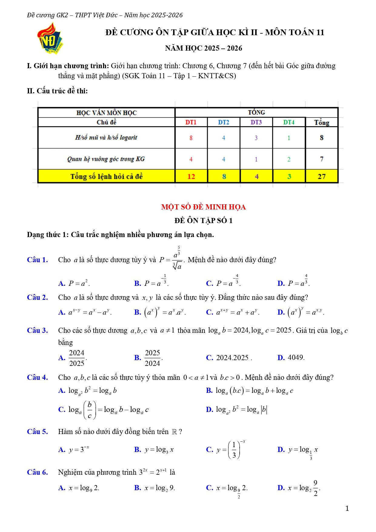 Đề cương ôn tập Giữa kì 2 Toán 11 trường THPT Việt Đức (Hà Nội) năm 2025–2026