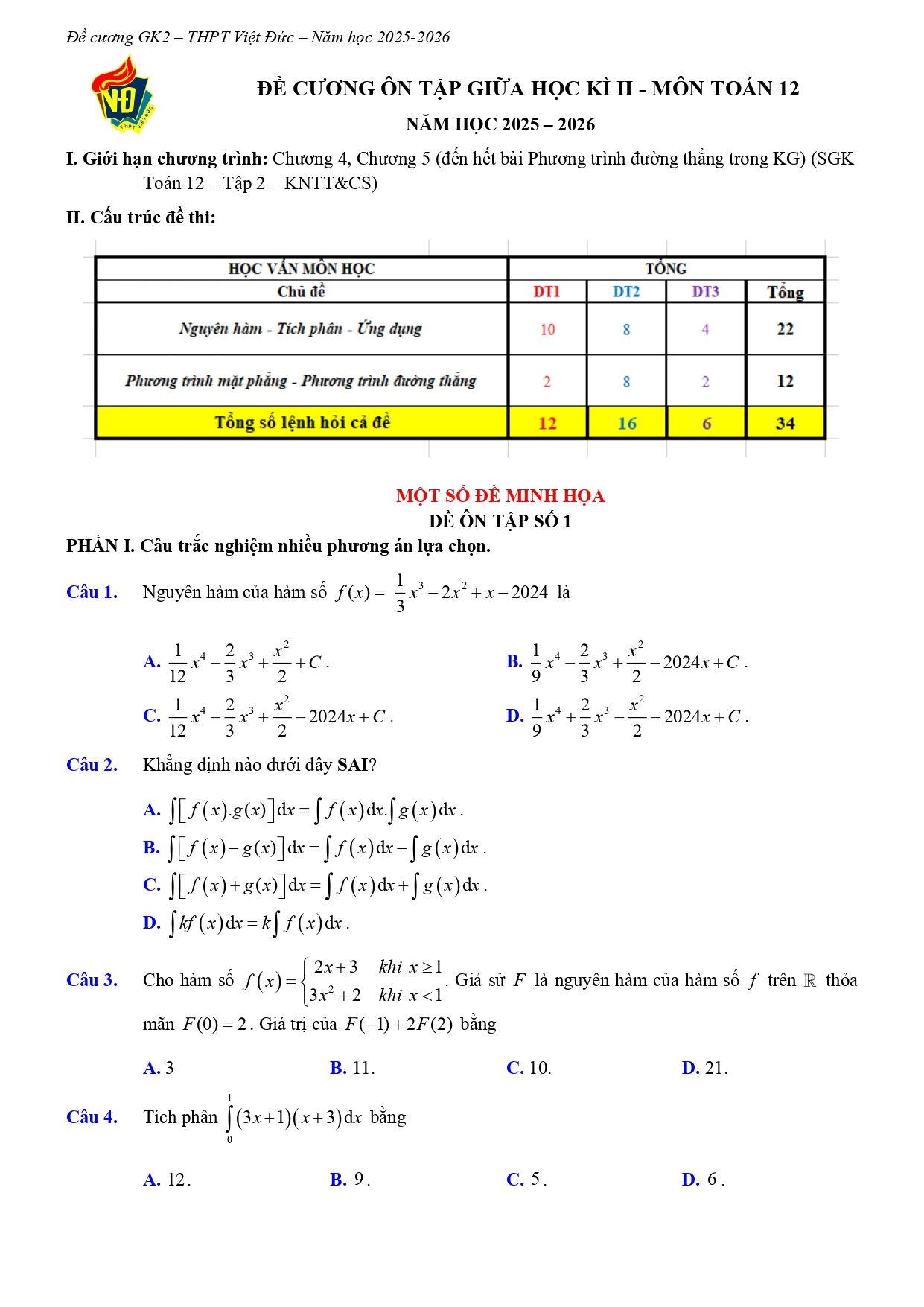 Đề cương ôn tập Giữa kì 2 Toán 12 trường THPT Việt Đức (Hà Nội) năm 2025–2026