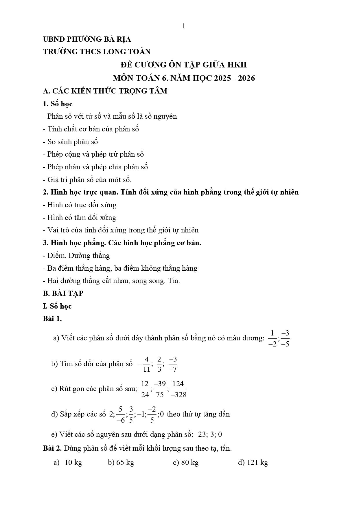 Đề cương ôn tập Giữa kì 2 Toán 6 trường THCS Long Toàn (TP Hồ Chí Minh) năm 2025–2026