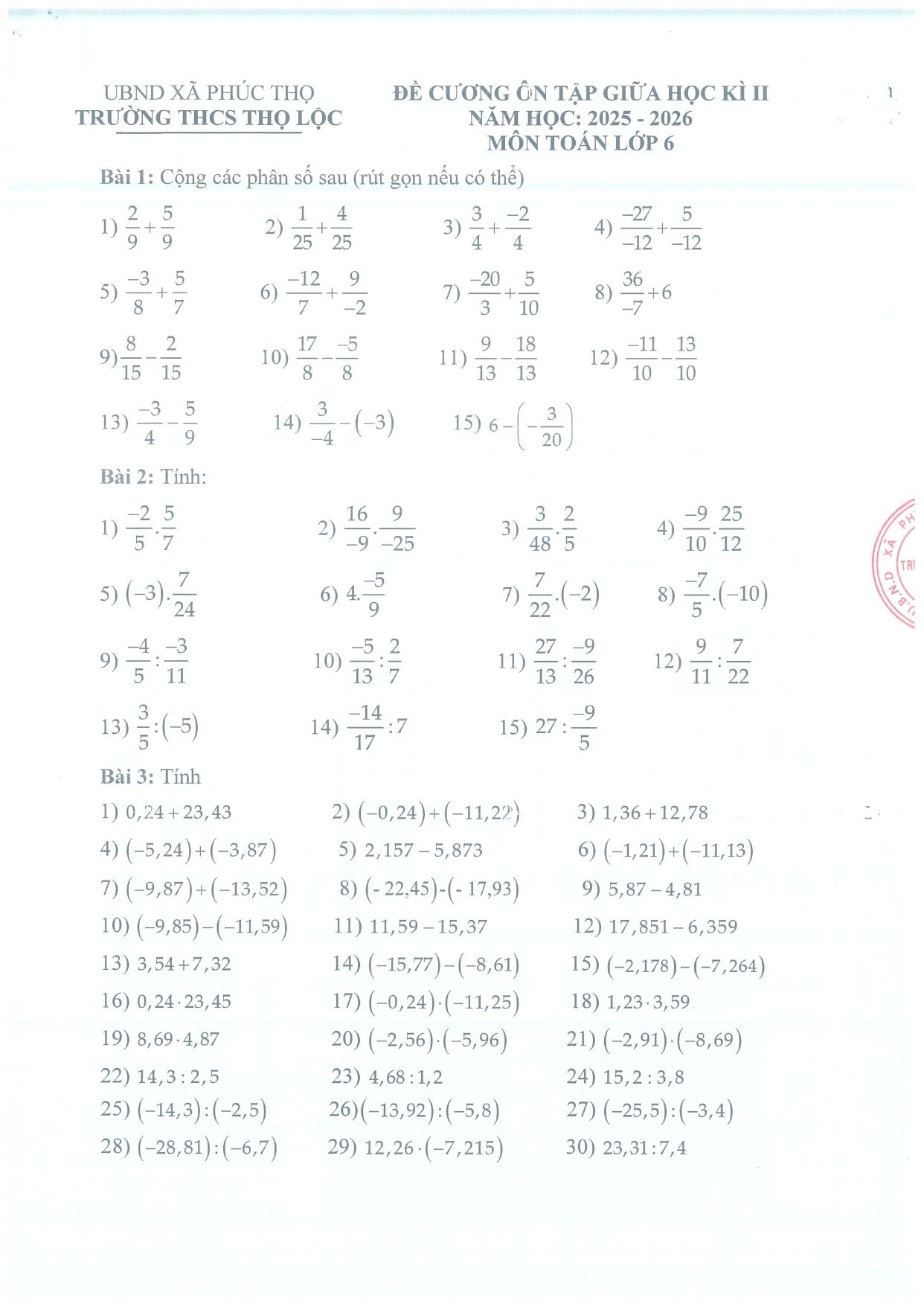 Đề cương ôn tập Giữa kì 2 Toán 6 trường THCS Thọ Lộc (Hà Nội) năm 2025–2026
