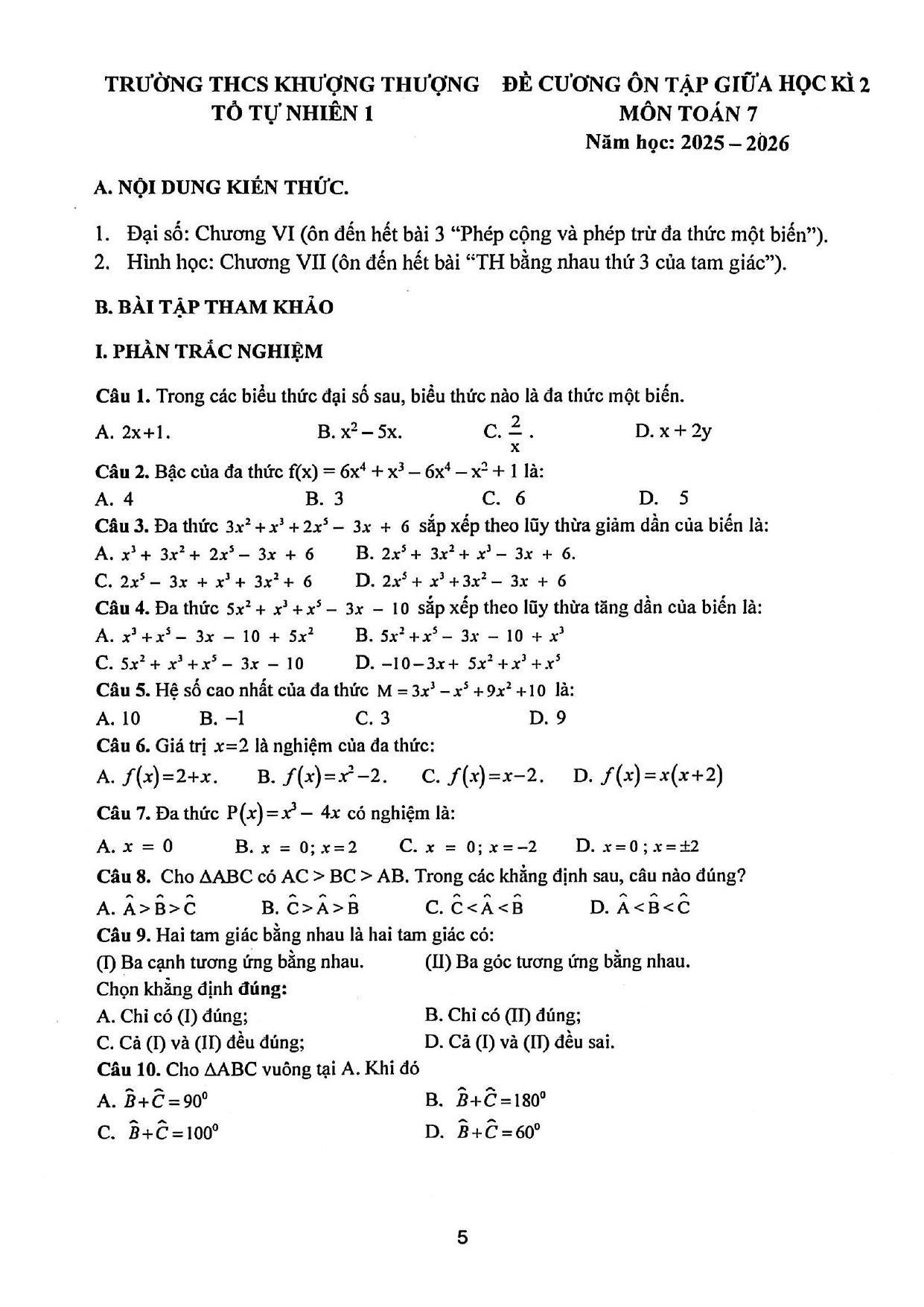 Đề cương ôn tập Giữa kì 2 Toán 7 trường THCS Khương Thượng (Hà Nội) năm 2025–2026