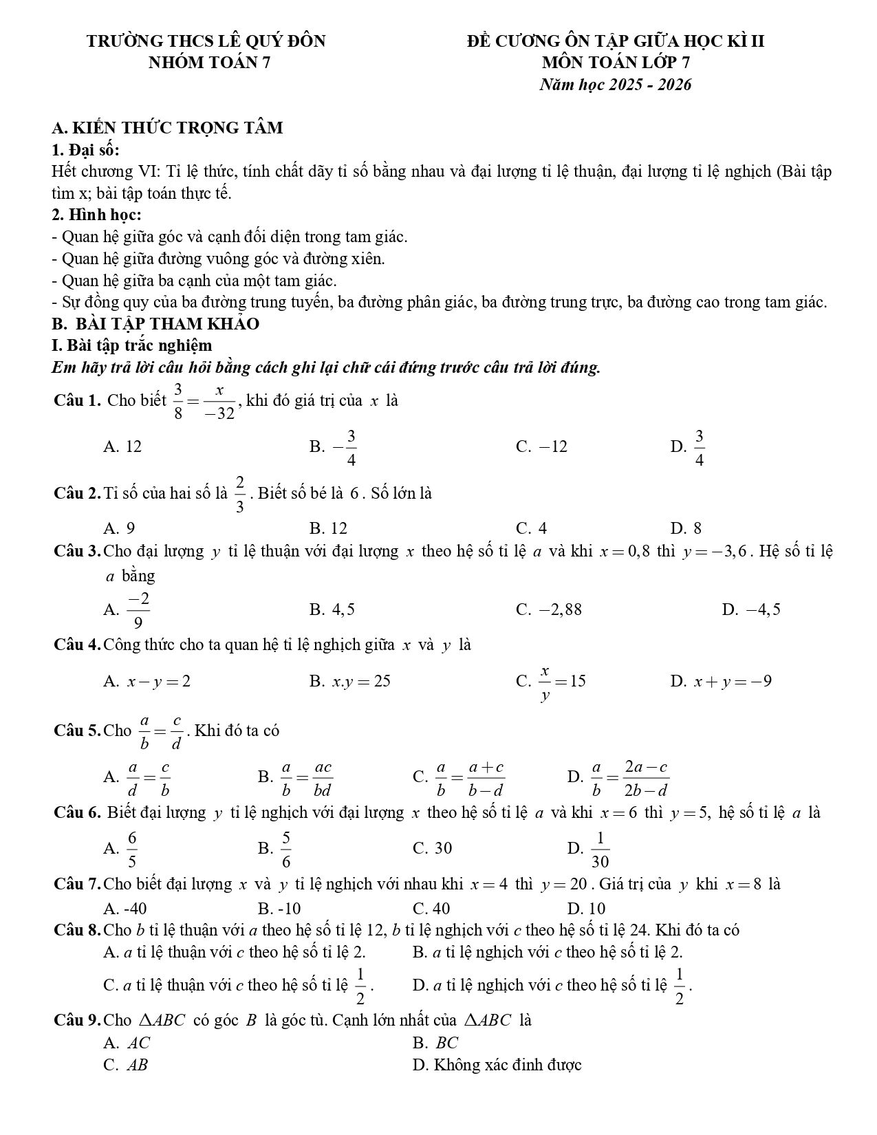 Đề cương ôn tập Giữa kì 2 Toán 7 trường THCS Lê Quý Đôn (Hà Nội) năm 2025–2026