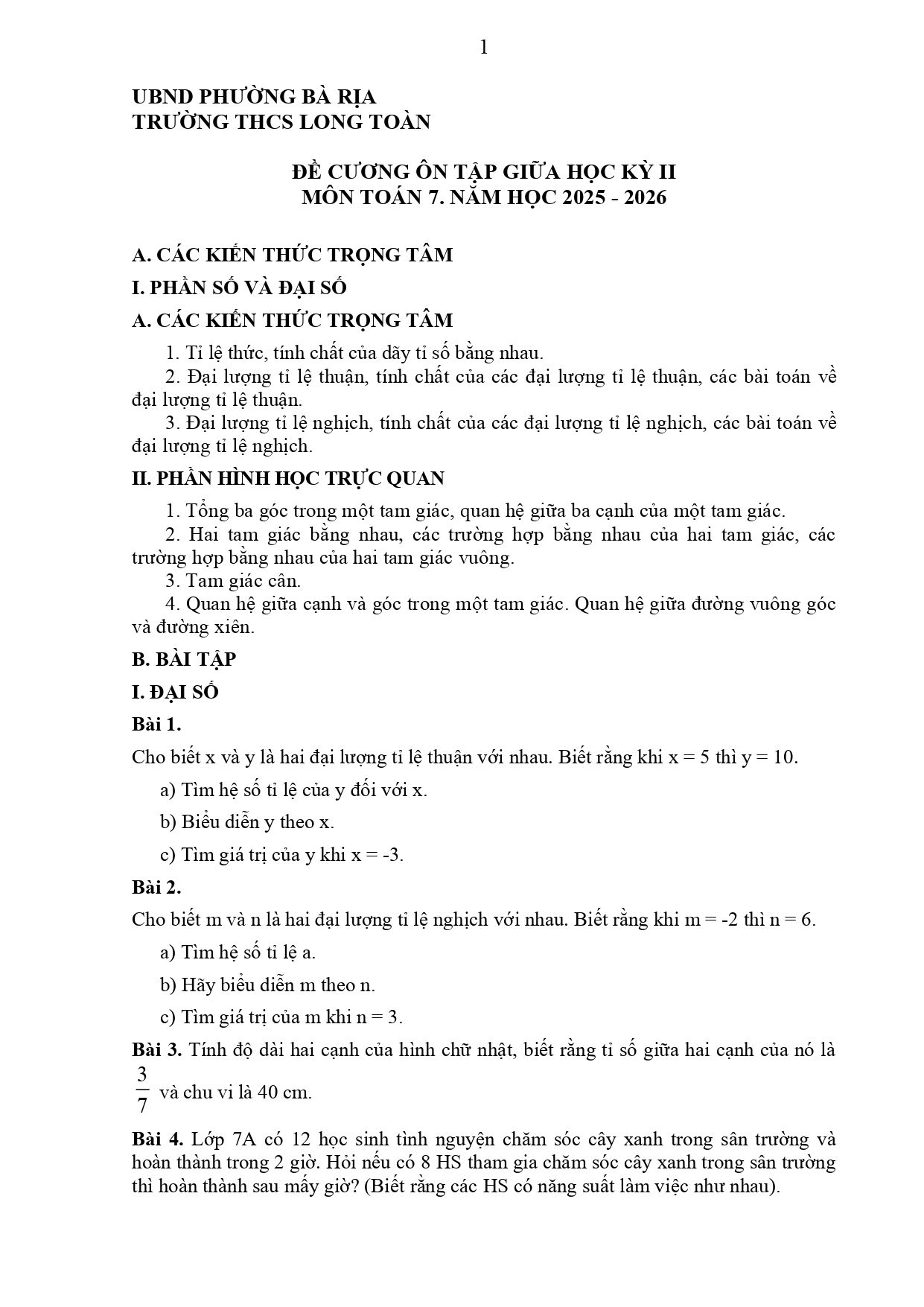 Đề cương ôn tập Giữa kì 2 Toán 7 trường THCS Long Toàn (TP Hồ Chí Minh) năm 2025–2026