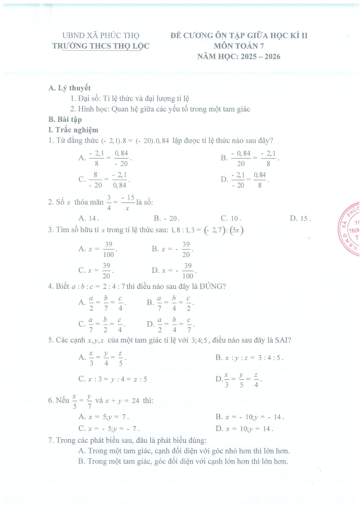 Đề cương ôn tập Giữa kì 2 Toán 7 trường THCS Thọ Lộc (Hà Nội) năm 2025–2026