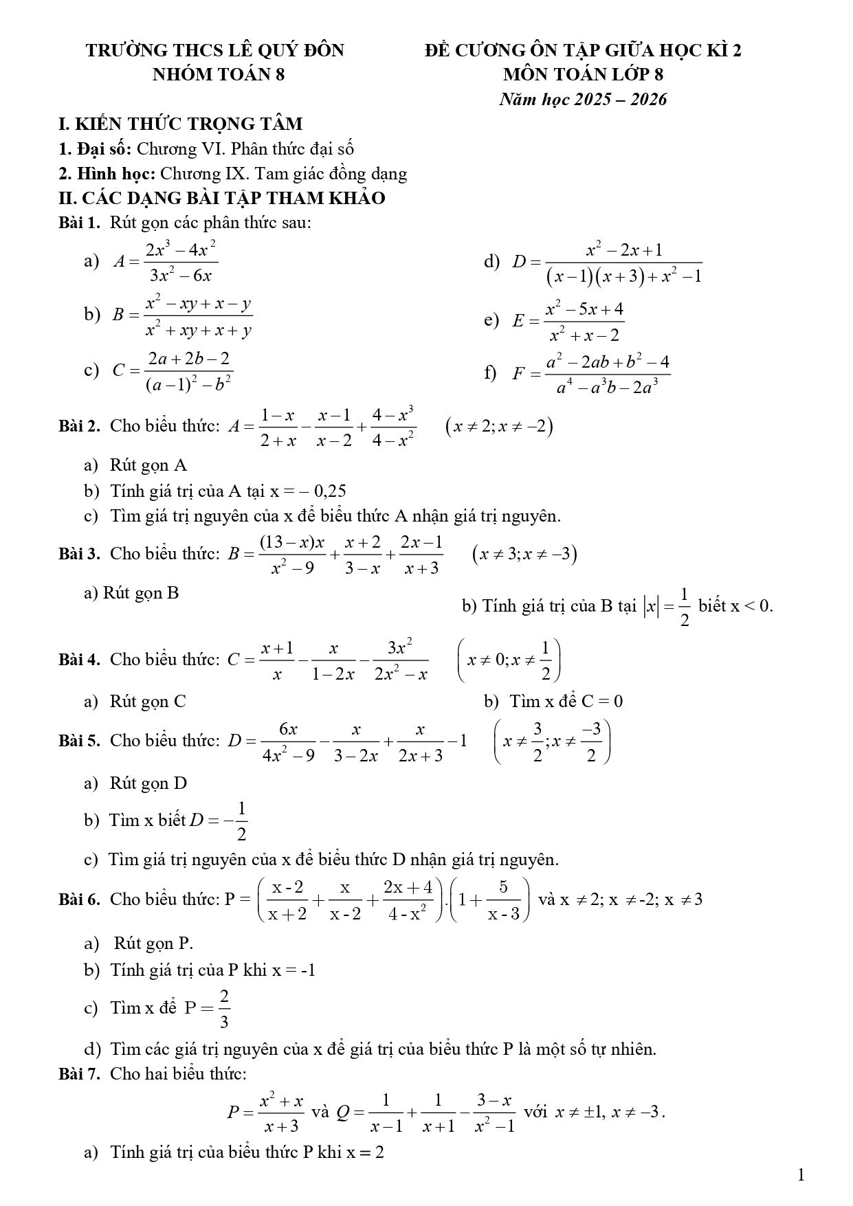 Đề cương ôn tập Giữa kì 2 Toán 8 trường THCS Lê Quý Đôn (Hà Nội) năm 2025–2026