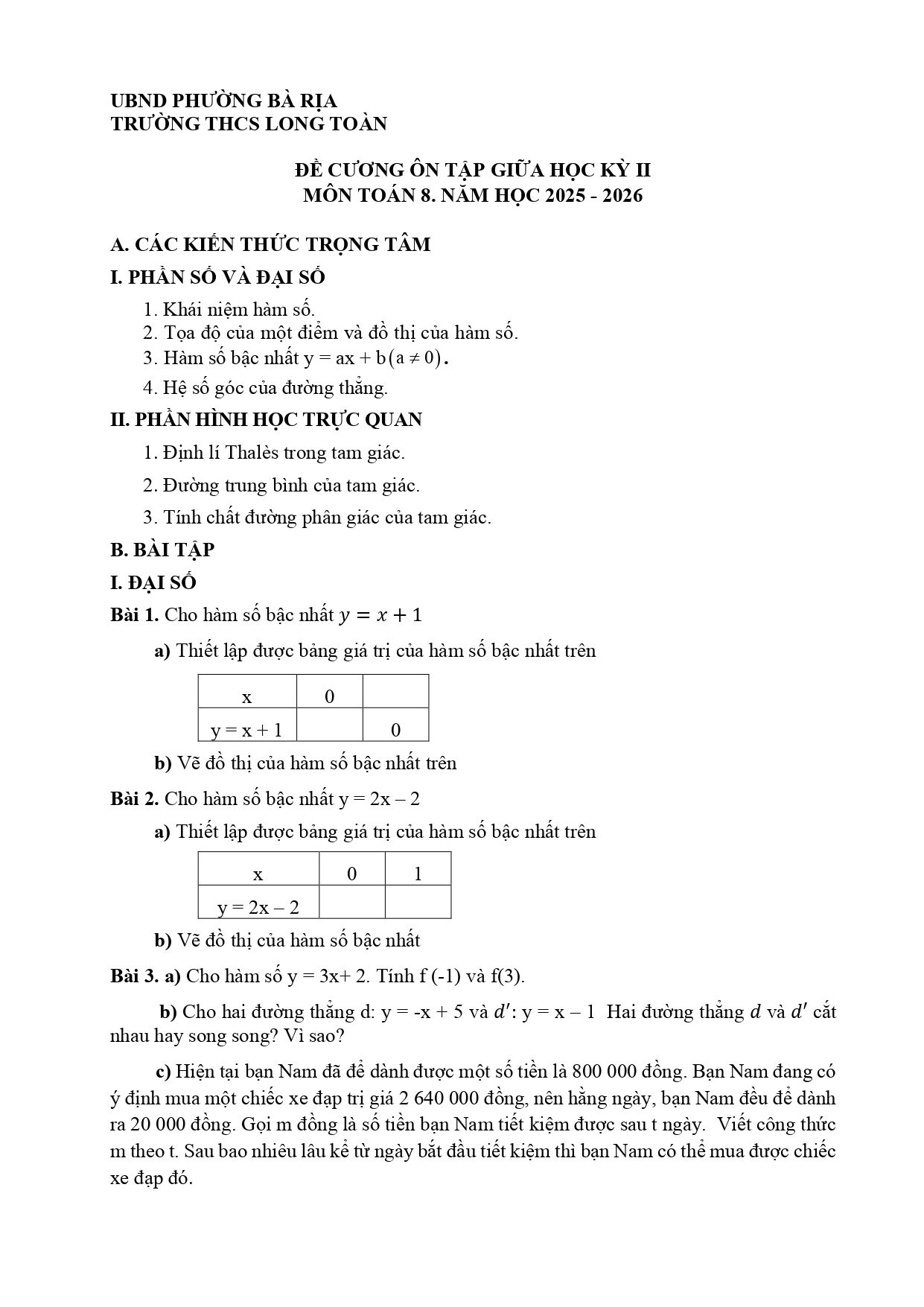 Đề cương ôn tập Giữa kì 2 Toán 8 trường THCS Long Toàn (TP Hồ Chí Minh) năm 2025–2026