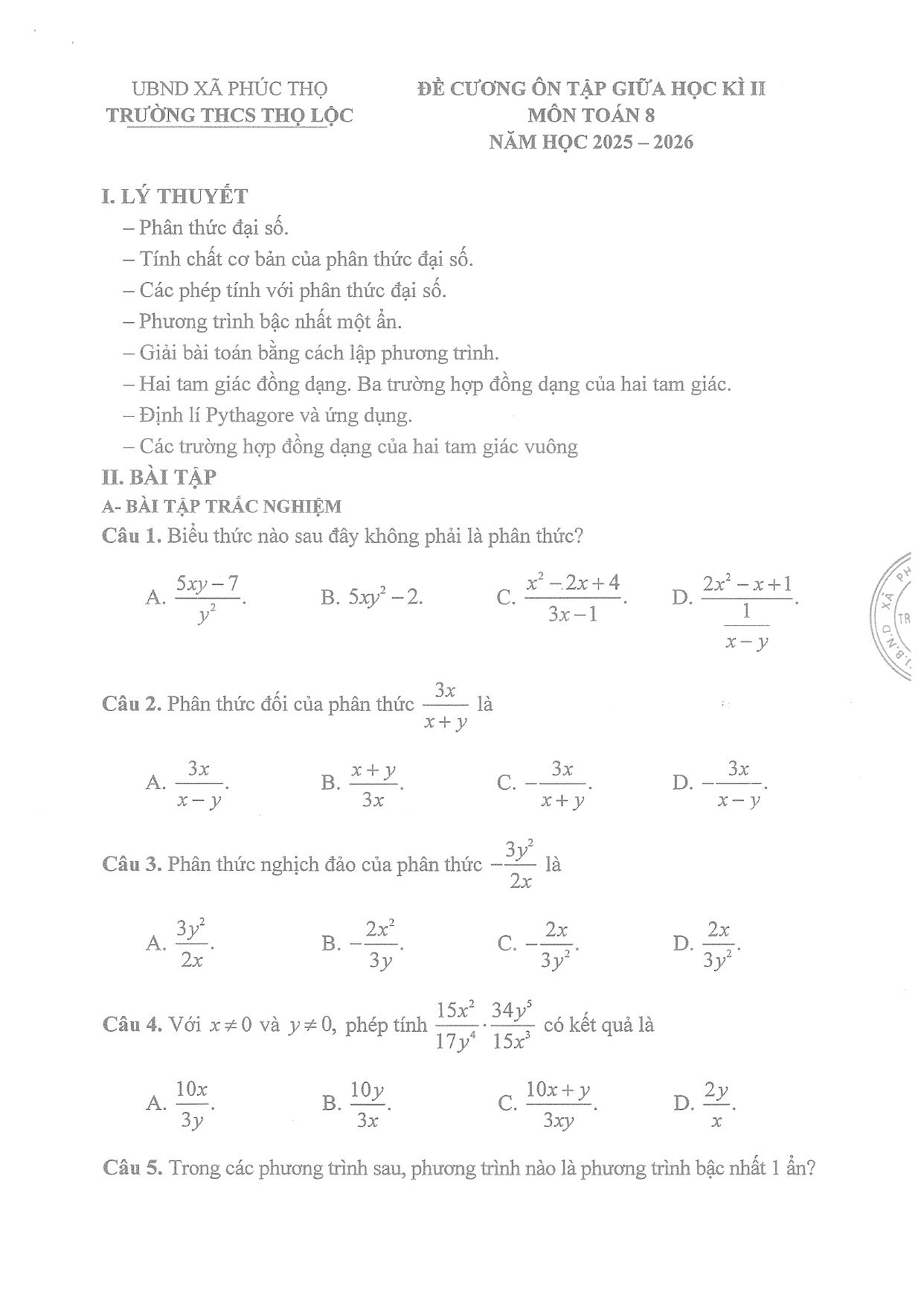Đề cương ôn tập Giữa kì 2 Toán 8 trường THCS Thọ Lộc (Hà Nội) năm 2025–2026