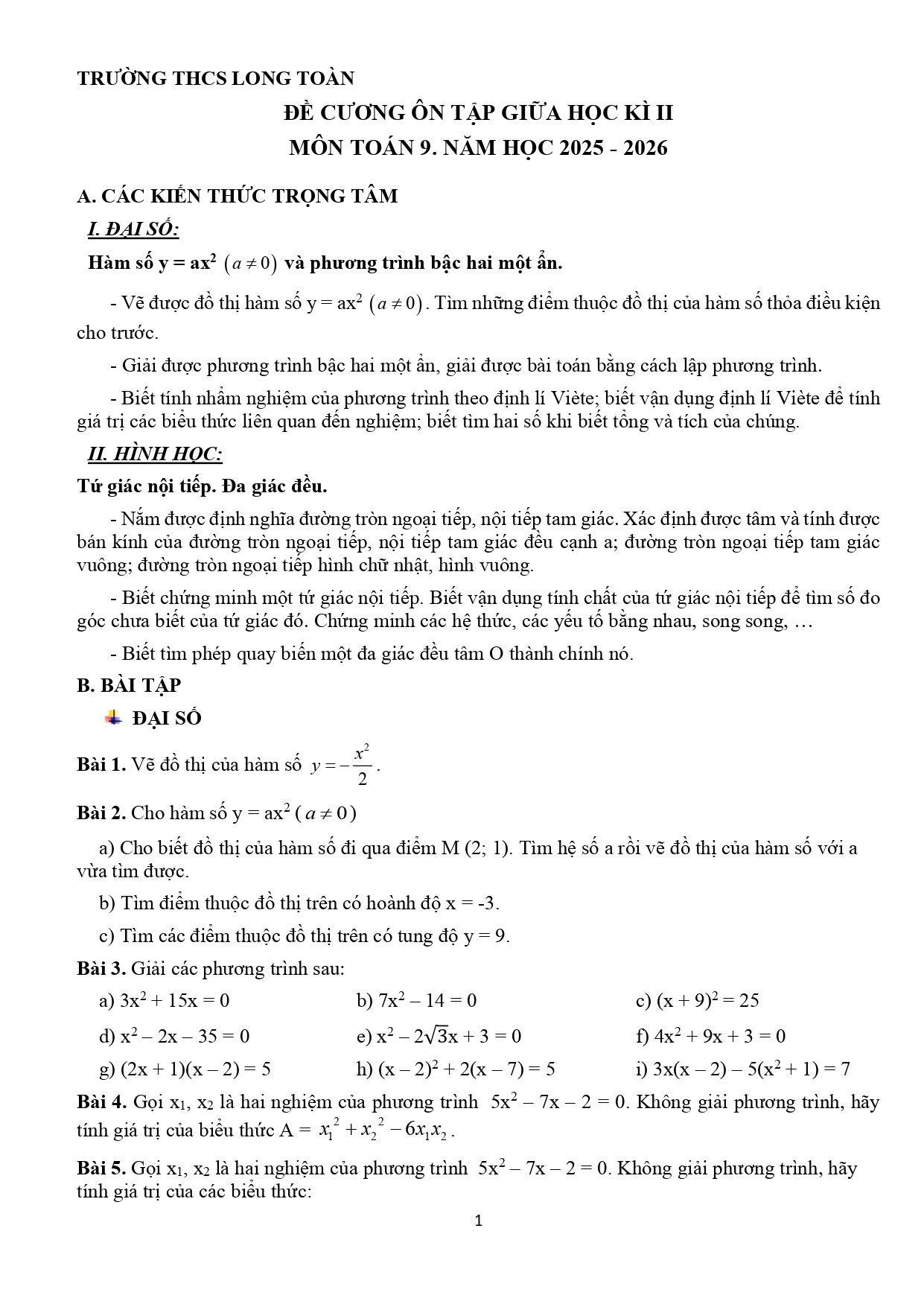 Đề cương ôn tập Giữa kì 2 Toán 9 trường THCS Long Toàn (TP Hồ Chí Minh) năm 2025–2026