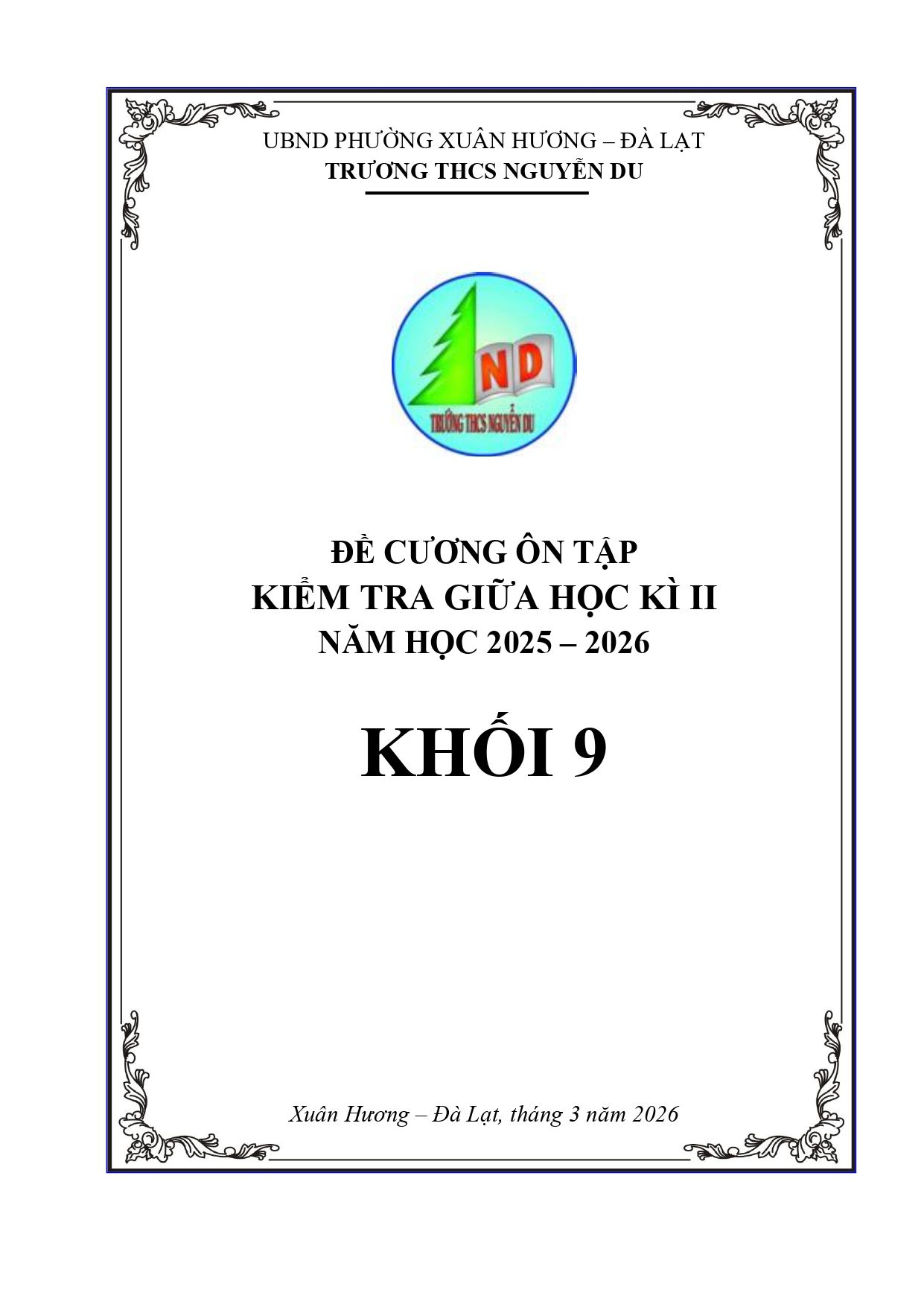 Đề cương ôn tập Giữa kì 2 Toán 9 trường THCS Nguyễn Du (Lâm Đồng) năm 2025–2026