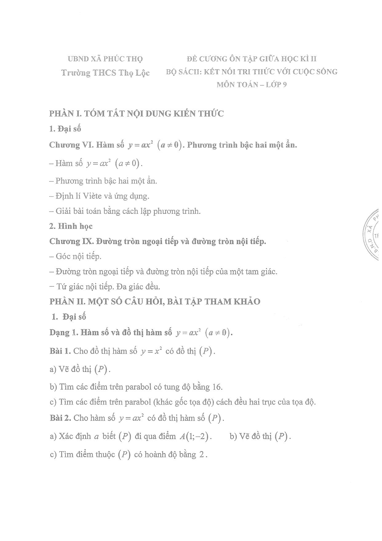 Đề cương ôn tập Giữa kì 2 Toán 9 trường THCS Thọ Lộc (Hà Nội) năm 2025–2026