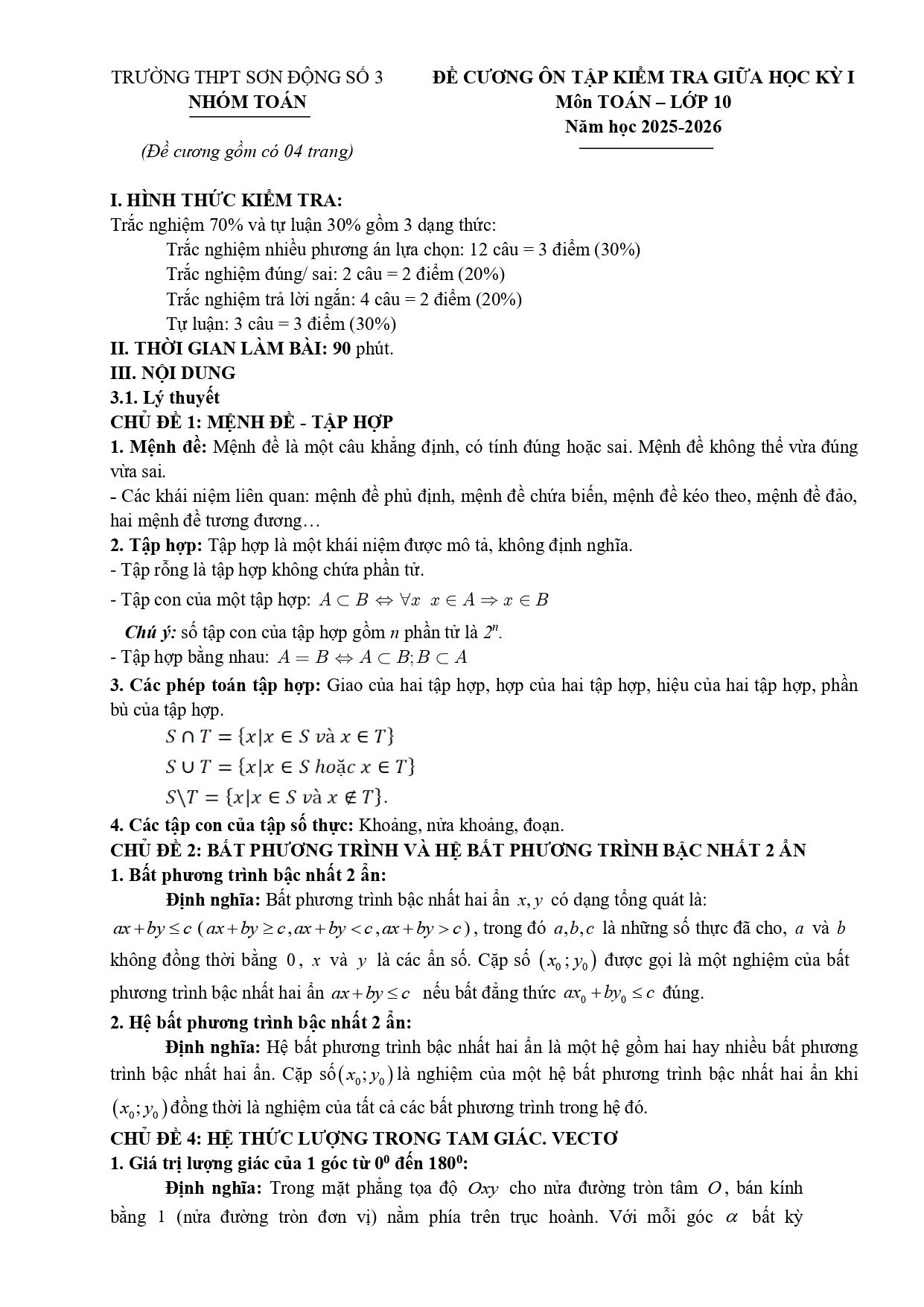 Đề cương ôn tập Giữa kì 1 Toán 10 trường THPT Sơn Động 3 (Bắc Ninh) năm 2025–2026
