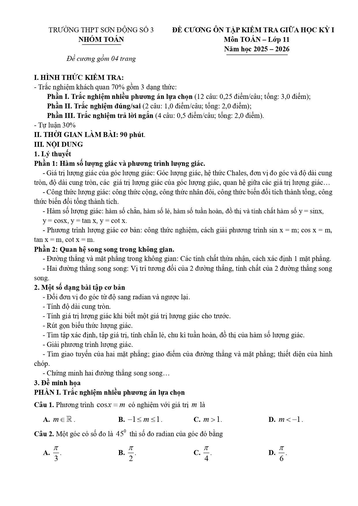 Đề cương ôn tập Giữa kì 1 Toán 11 trường THPT Sơn Động 3 (Bắc Ninh) năm 2025–2026