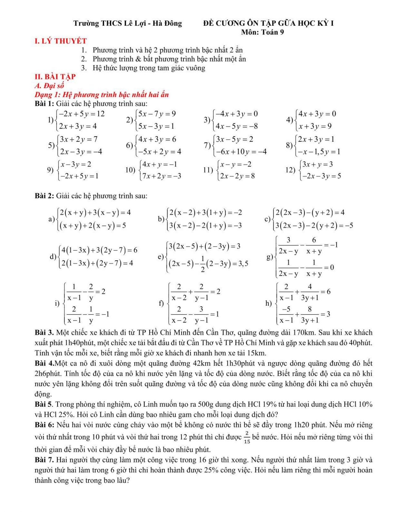 Đề cương ôn tập Giữa kì 1 Toán 9 trường THCS Lê Lợi (Hà Nội) năm 2025–2026