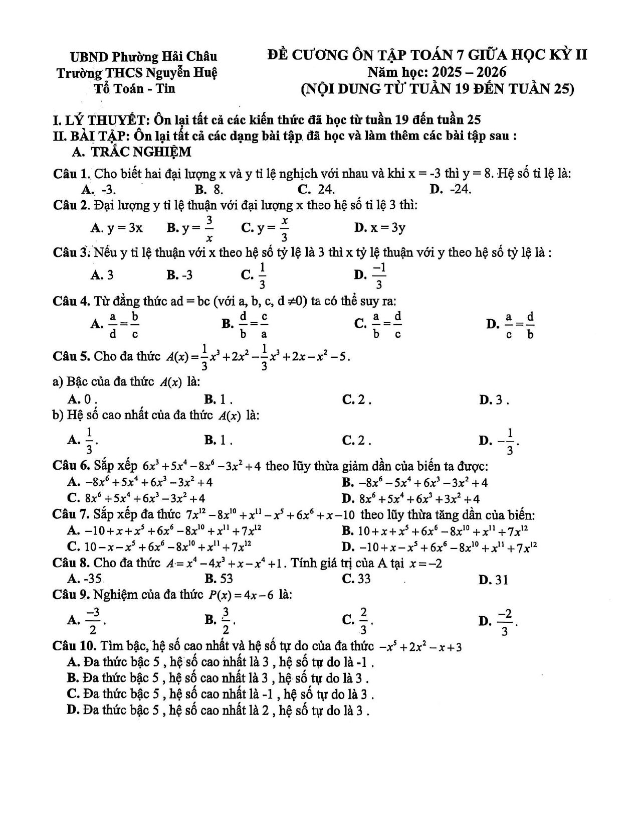 Đề cương ôn tập Giữa kì 2 Toán 7 trường THCS Nguyễn Huệ (Đà Nẵng) năm 2025–2026