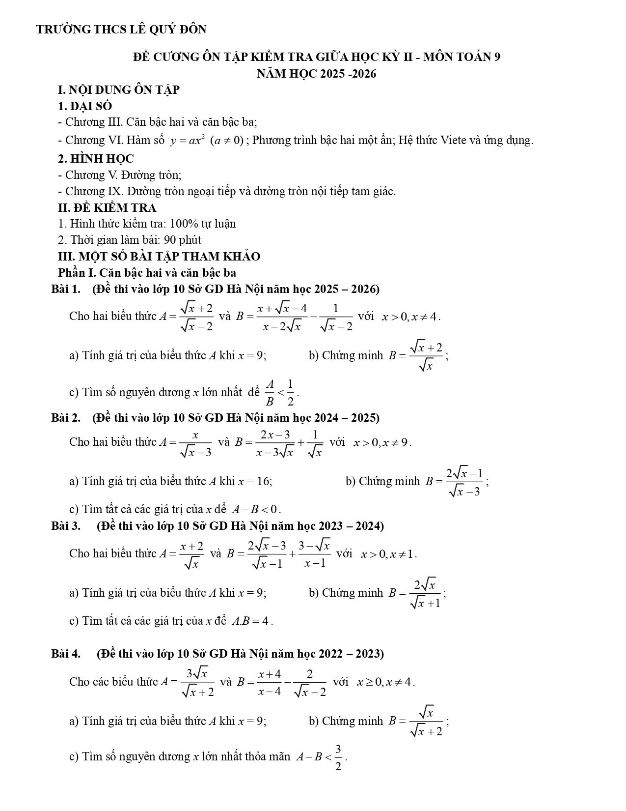 Đề cương ôn tập Giữa kì 2 Toán 9 trường THCS Lê Quý Đôn (Hà Nội) năm 2025–2026