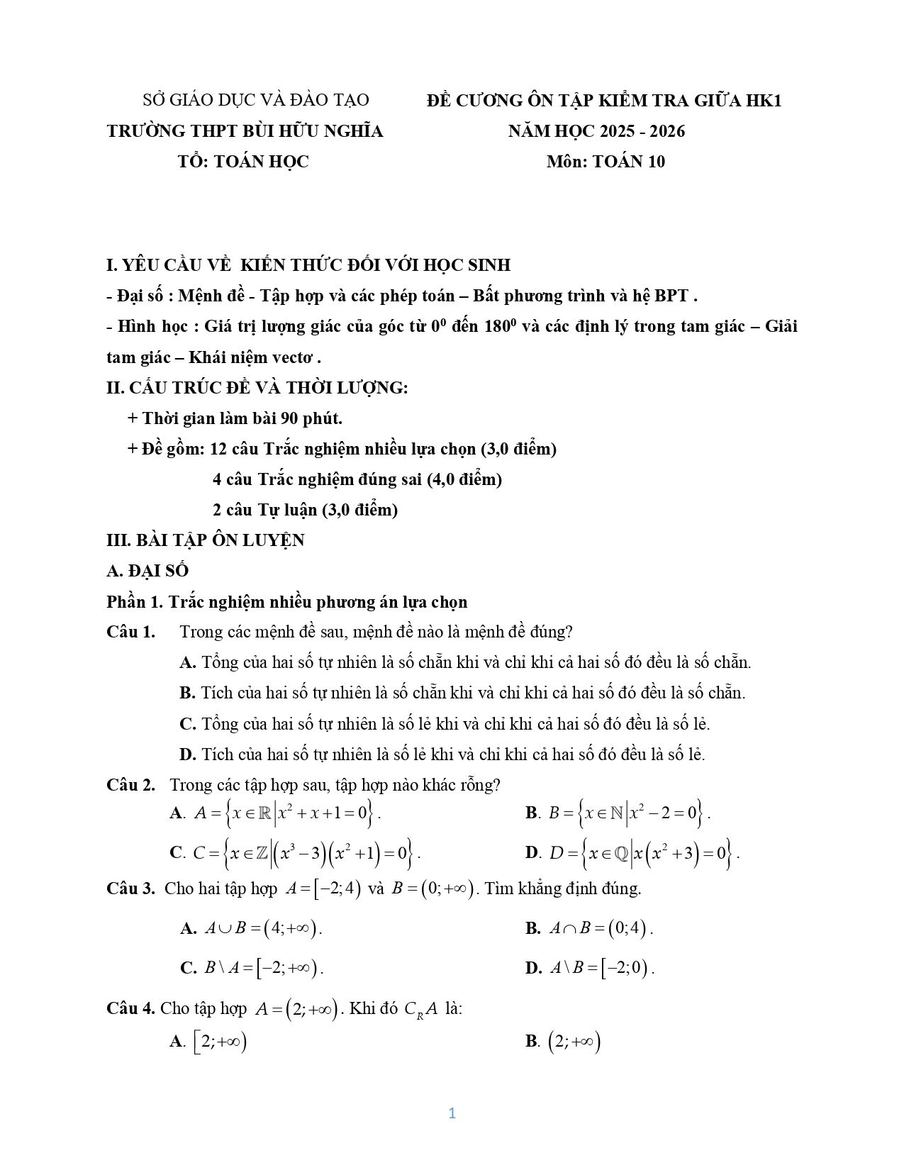 Đề cương ôn tập Giữa kì 1 Toán 10 trường THPT Bùi Hữu Nghĩa (Cần Thơ) năm 2025–2026
