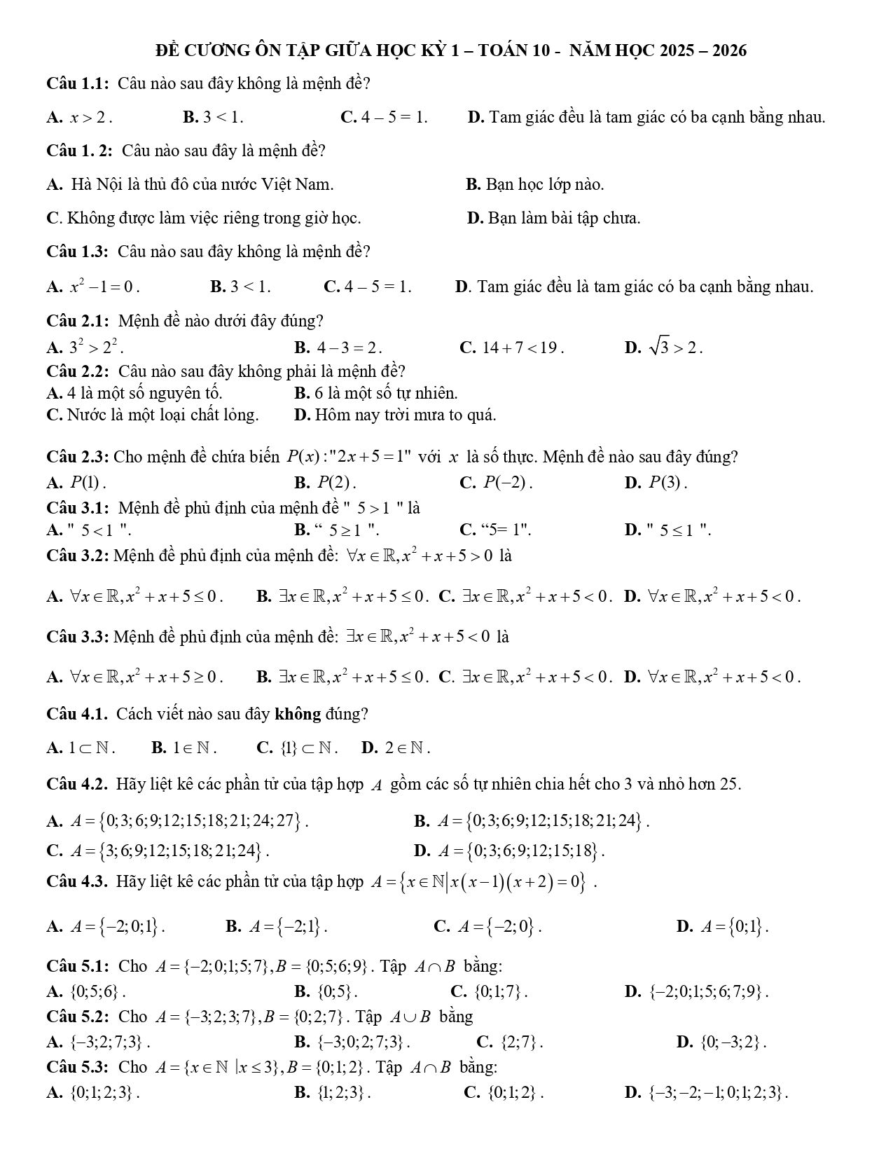 Đề cương ôn tập Giữa kì 1 Toán 10 trường THPT Đức Trọng (Lâm Đồng) năm 2025–2026