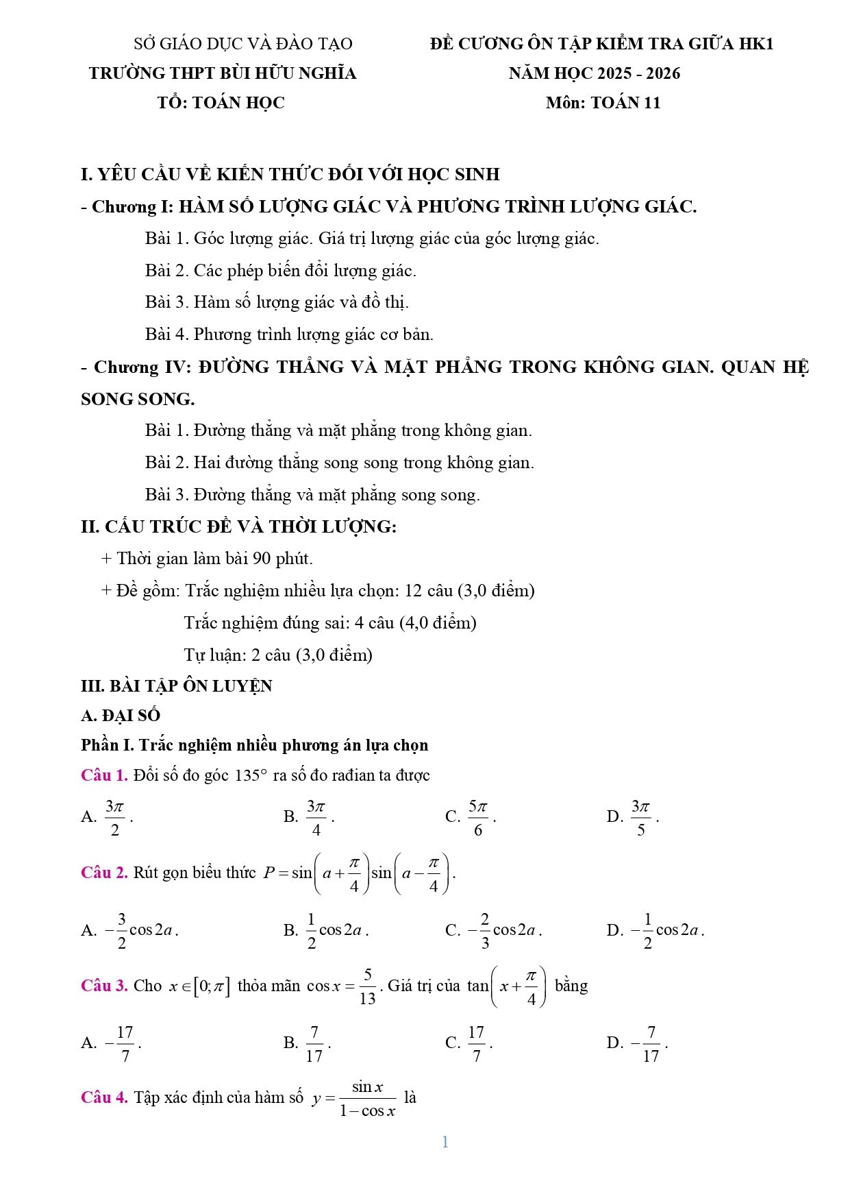 Đề cương ôn tập Giữa kì 1 Toán 11 trường THPT Bùi Hữu Nghĩa (Cần Thơ) năm 2025–2026