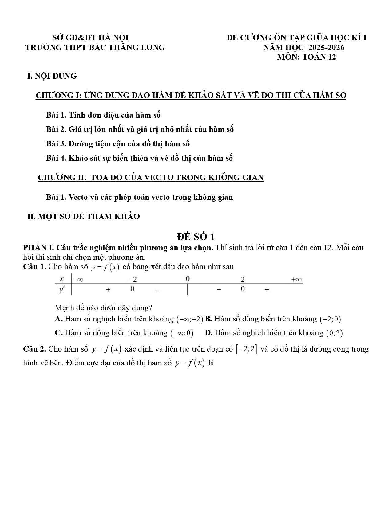 Đề cương ôn tập Giữa kì 1 Toán 12 trường THPT Bắc Thăng Long (Hà Nội) năm 2025–2026