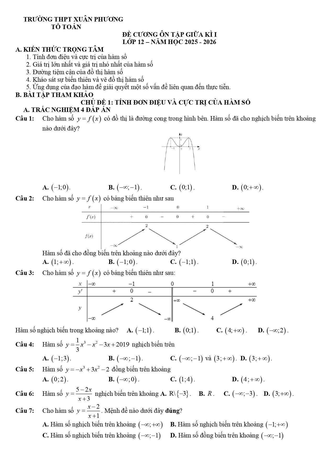 Đề cương ôn tập Giữa kì 1 Toán 12 trường THPT Xuân Phương (Hà Nội) năm 2025–2026