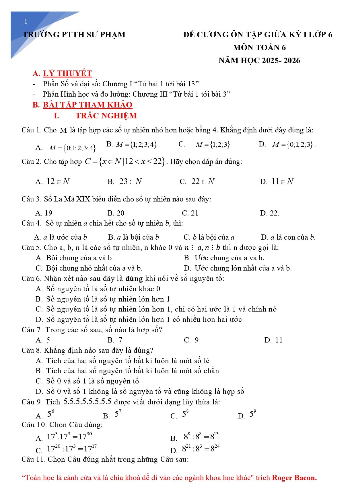 Đề cương ôn tập Giữa kì 1 Toán 6 trường PT Thực hành Sư phạm (Đồng Nai) năm 2025–2026