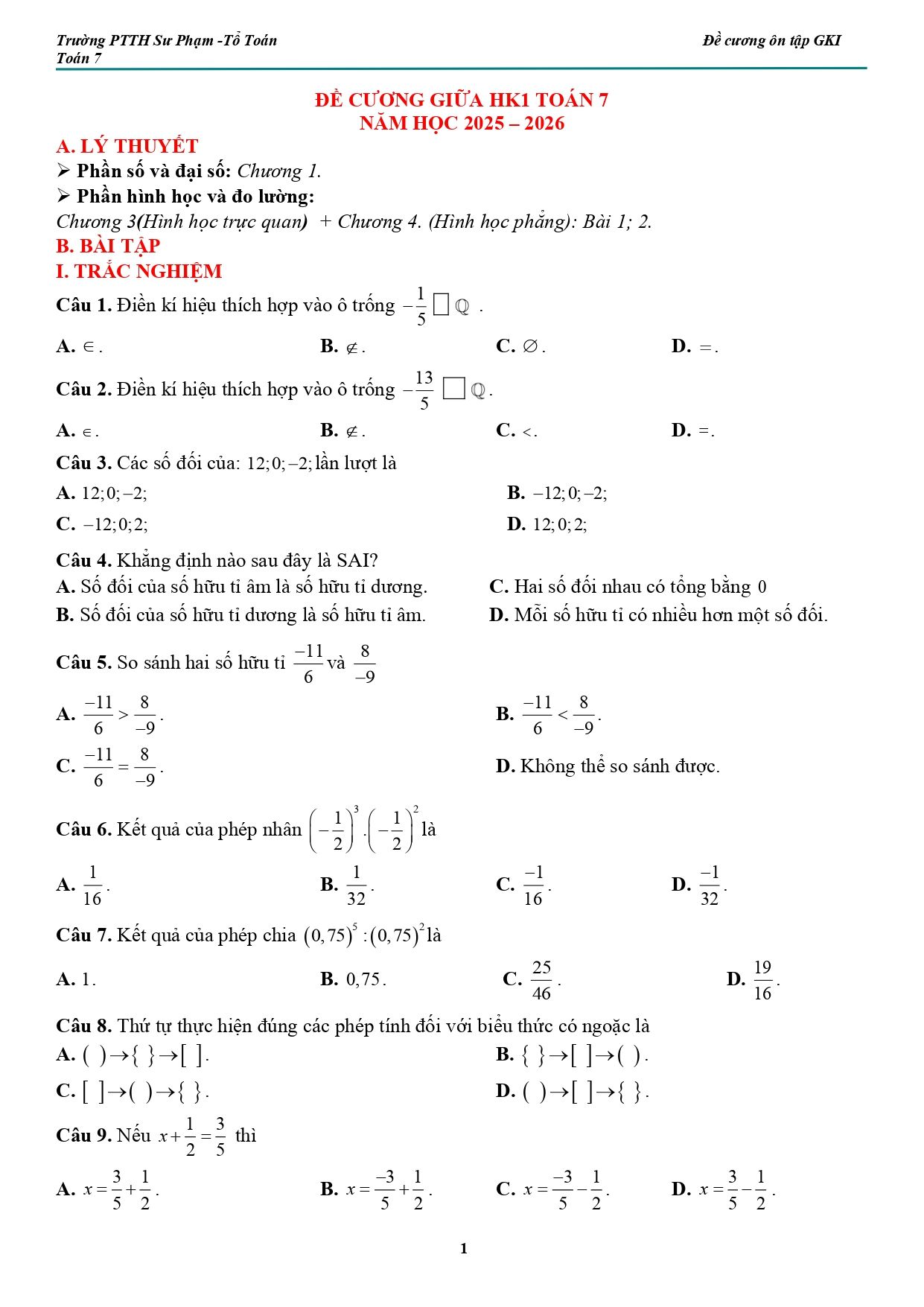 Đề cương ôn tập Giữa kì 1 Toán 7 trường PT Thực hành Sư phạm (Đồng Nai) năm 2025–2026