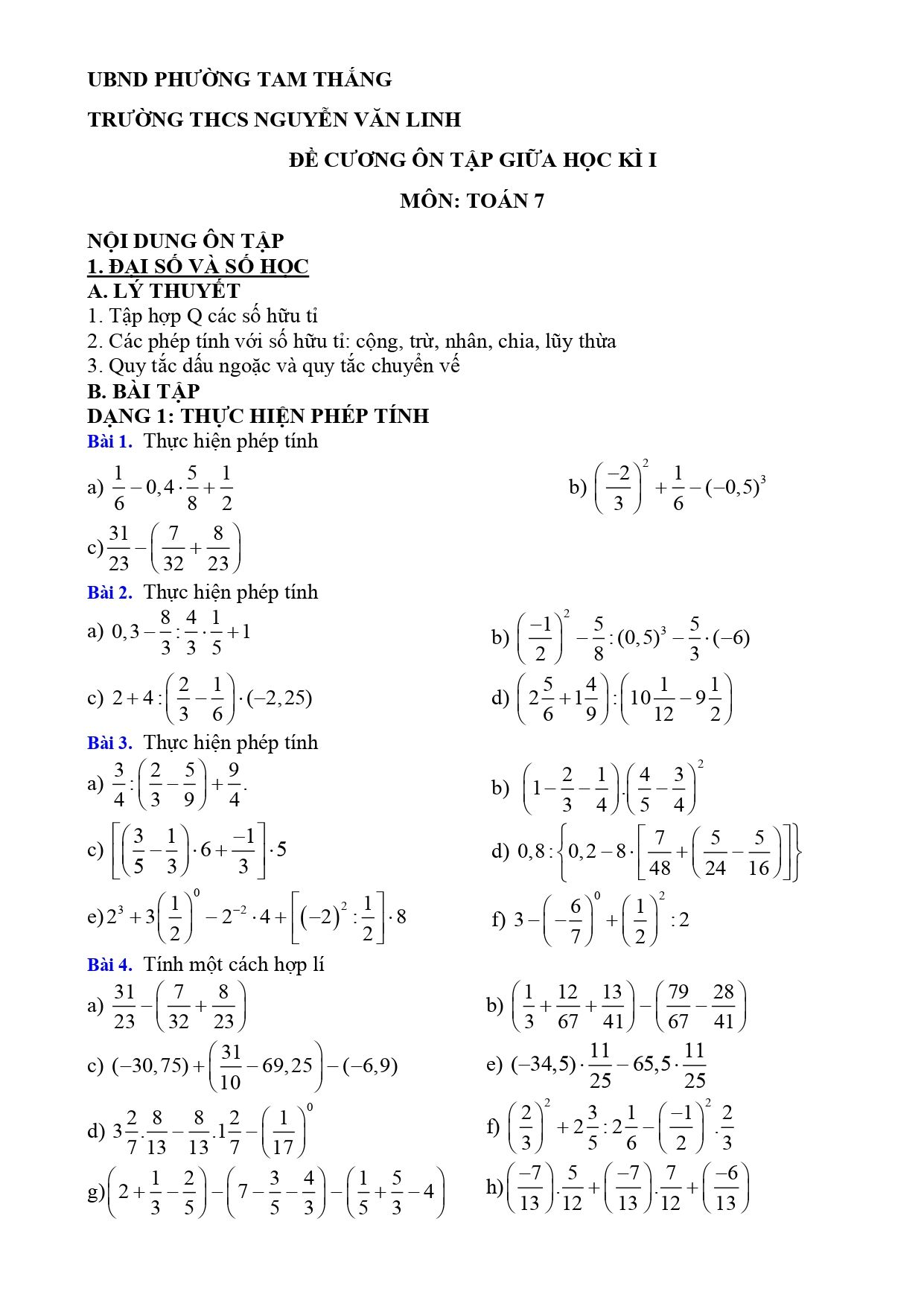 Đề cương ôn tập Giữa kì 1 Toán 7 trường THCS Nguyễn Văn Linh (TP Hồ Chí Minh) năm 2025–2026